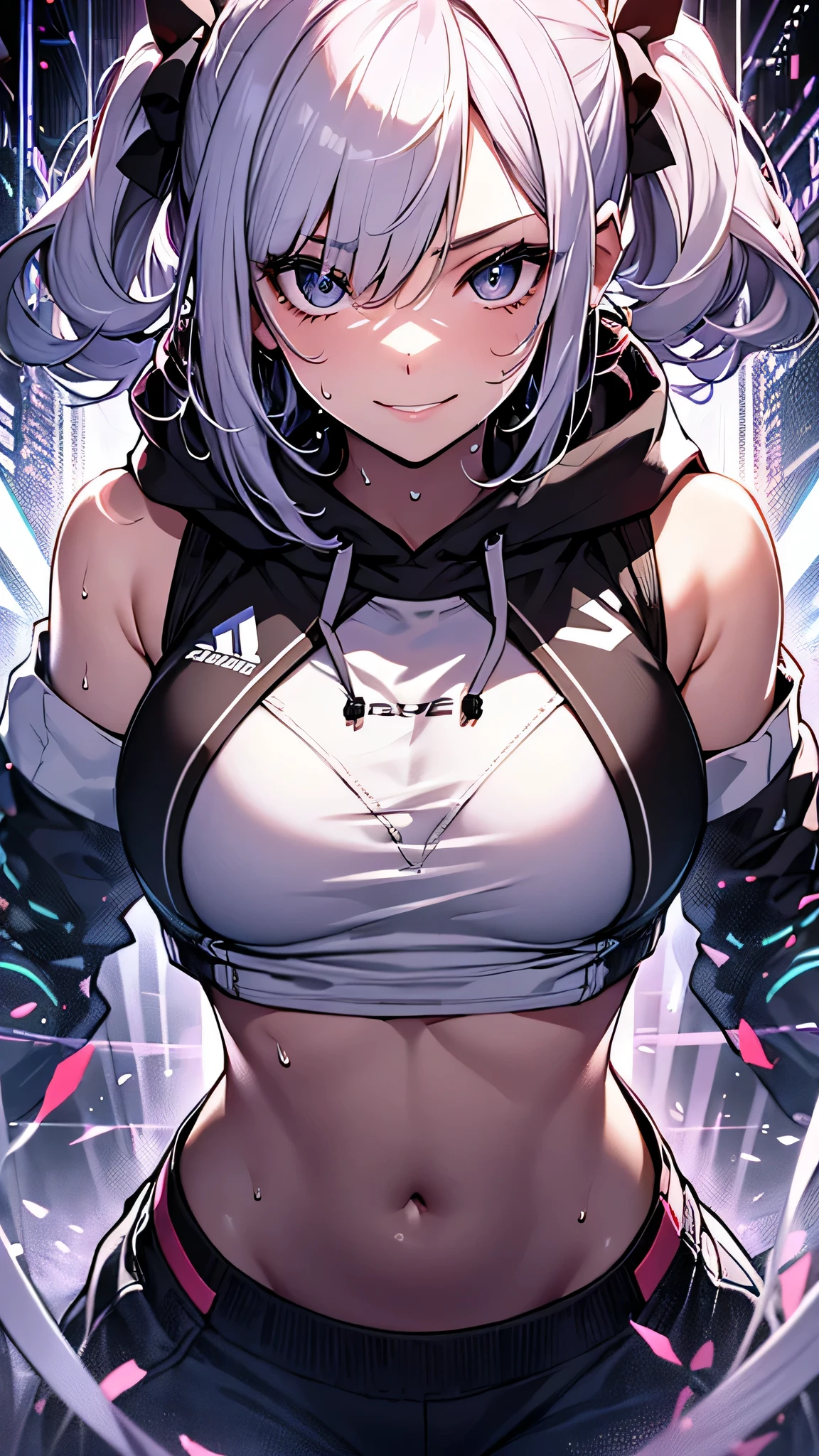 最high quality、best image quality、masterpiece、girl((20-year-old、 By becoming、vest bust、medium bust,wide open breast tea、shining eyes, silver hair、long hair、thin,highest valley、twin tails、right arm bandage、Black and purple hoodie with a wide open chest、short belly sports pants、cool pose、holding a black smartphone、sweating、smile、forward leaning movement)),high quality、beautiful art、background((cyber sports gym))、Flight、debris flies、Depth of written boundary、movie、visual art、perfect art、8k,genuine、