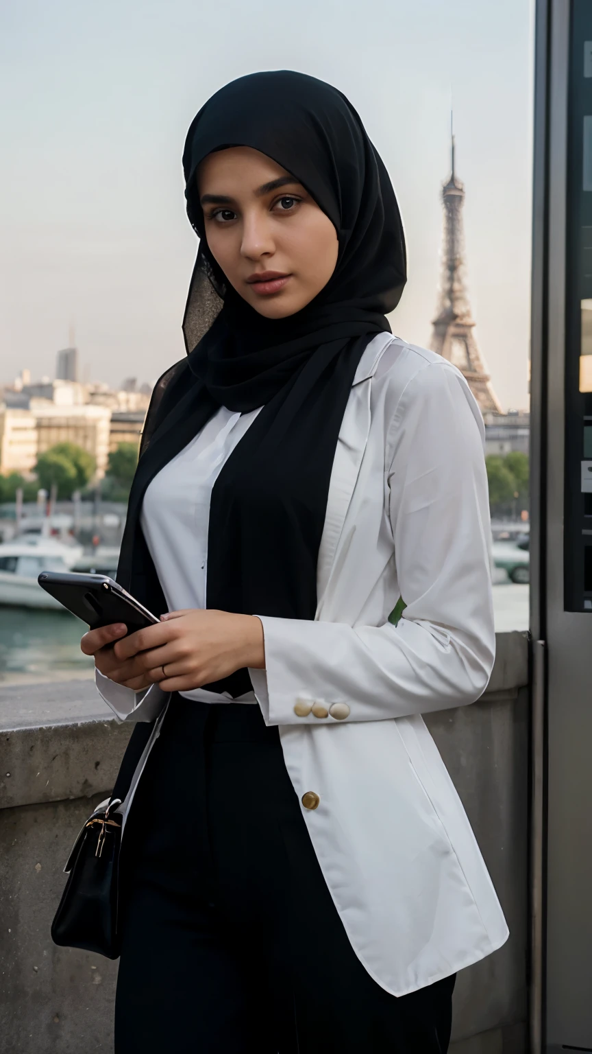 Beautiful slim Caucasian girl aged 27 years, an hijab a muslim , olive skin, sharp nose, thin lips, oval face, sharp girl, neat red burqa covering all her hair, wearing a white office shirt combined with a glamorous black suit and long black trousers, holding a smartphone, seen from the front , full body, Eiffel Tower background, background looks so clear, street photography, realistic photos, 85mm lens, ultra HD, cinematic, very detailed, sharp focus