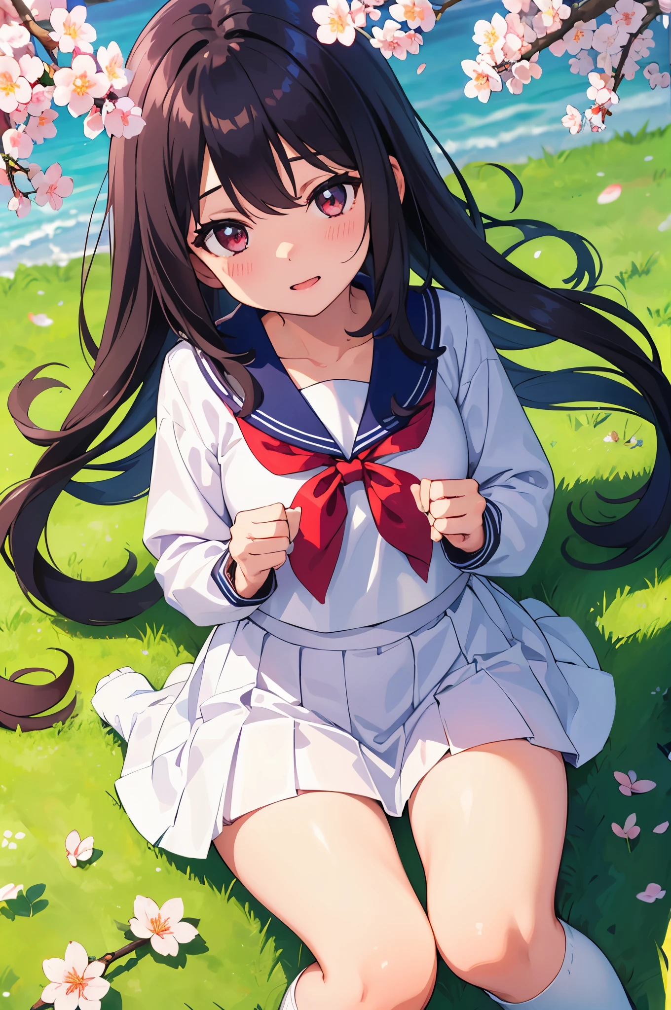 Rows of cherry blossom trees in the park　Cherry blossom trees in full bloom　 girl　8-year-old　flat chelack r　long hair　eyes are purple　（（1 person））　White upper body long sleeve sailor uniform　Lower body navy blue miniskirt　white panties　white socks　sports boots　Lying on the grass under the cherry blossom tree　Sakura petals are dancing　look up　spread your legs a little（（I can see white panties））　from directly above　dynamic angle　Low - Angle