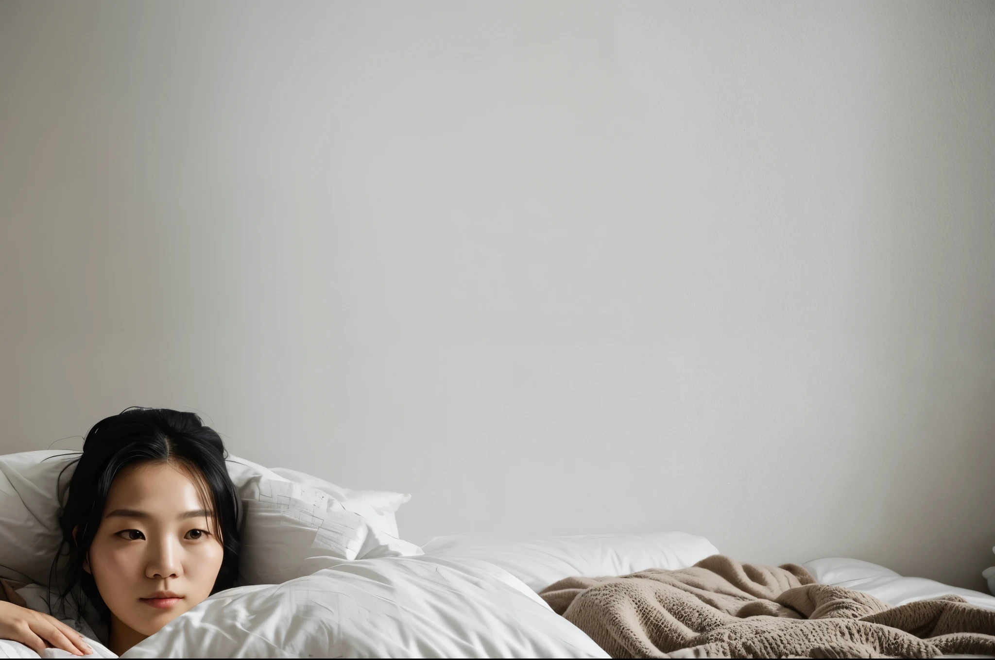 there is a 30 years old hong kong woman laying in bed with a blanket on his head, someone in home sits in bed, by Elsa Bleda, laying in bed, someone sits in bed, laying on a bed, lying in bed, wide film still, couple on bed, lying at the bed, by Matthias Weischer, movie still of a tired, reclining on bed, shoulders