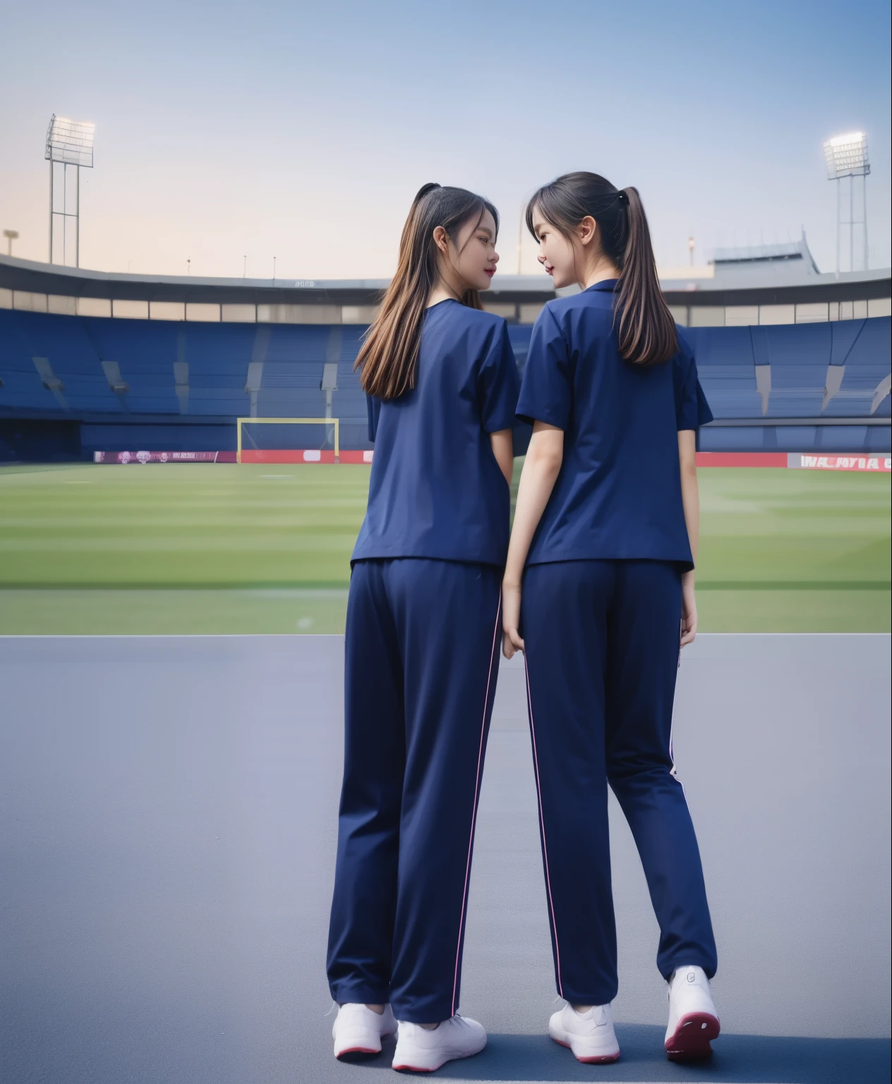 (best quality,10,10,height,Masterpiece:1.2),Special details,(realistic,ภาพrealistic,Realistic photos:1.37),1 cute girl on the football field,shiny, ผิวshiny,only,smile softly,BDclothelue shirt:1.3)),short sleeve,shirt, กางเกงขาlong.,(navy_long_track pants:1.1), ((stadium background:1.3)),Dynamic angle,excited,Face focus,dynamic poses,from behind,focus on ass,Masterpiece, best quality, ultra realistic, hyper-detail, 8K resolution, raw photos, Sharp focus, ((Navy blue shirt:1.1)), short sleeve, เส้นทางlong, perfect body, 2 mature women, 18 years old, Cinema-grade lighting system,blue sweatpants,shirtผ้าออกกำลังกาย,correct anatomy,perfect body, correct body, Sharp face, correct bodyทางกายวิภาค, full body, realistic gestures, long-haired, realistic poses,Wear long shorts................................,ช่วงขาlong,Good shape,carved girl, Slender figure, model, Good shape, beautiful body,blue sweatpants, two girls kissing