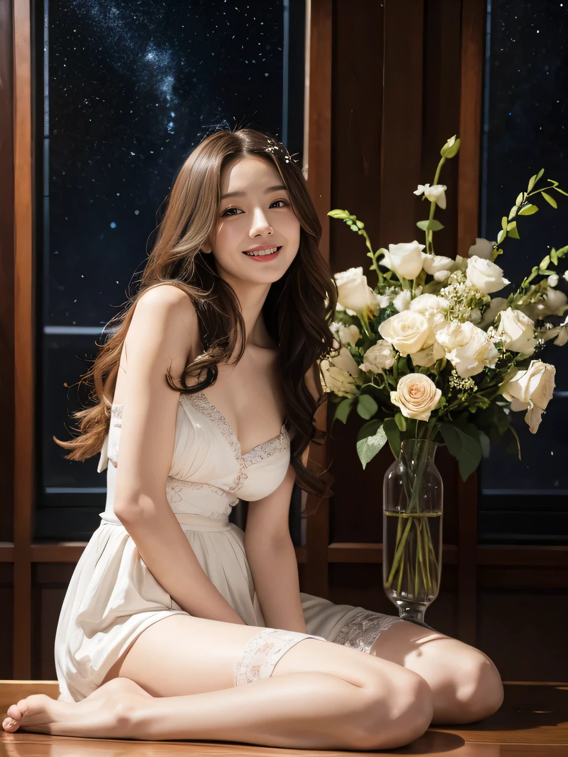 full body portrait or statue、Stained glass、12 constellations、Vigée Leblanc style、math、astronomical machine、astronaut、roses in vase、fruit、Cute trinkets、smile、ancient greek costume、Sandro Botticelli paintings、Costume that stretches your shoulders、A big smile、expression of ecstasy、sexy、beautiful bare skin、Detailed representation of the seducing woman throughout the body