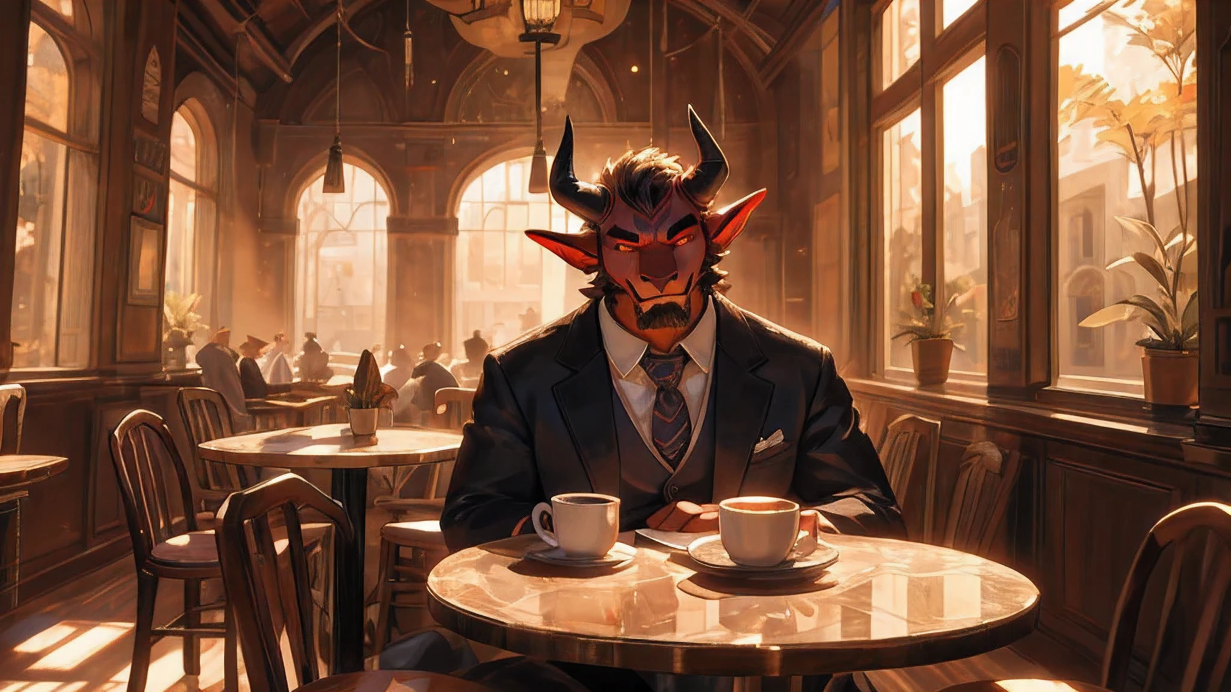 in the cafe, a demon sits nearby and drinks coffee. 

(Best quality,4k,8K,A high resolution,Masterpiece:1.2),ultra detailed,(Realistic,photoRealistic,photo-Realistic:1.37),Bright colors,sharp focus,HDR,UHD,Studio lighting,physically based rendering,very detailed description,professional

Material: Illustration, oil painting Scene: inviting café interior, filled with warm colors and soft lighting. The demon sits at the table, surrounded by a calm atmosphere.

Additional details: The demon has a sharp one, piercing eyes and mischievous smile, with long, pointed ears peeking out from blond hair. He wears a stylish outfit, with a combination of modern and traditional elements, showing off your unique style. The coffee cup in her hand is decorated with intricate patterns., adding elegance to the scene.

Art style: portraits, concept art color palette: Rich and warm colors dominate the scene., with shades of dark red, Golden brown, and shades of dark purple, perfectly conveys the cozy atmosphere of the cafe.

lighting: The stage is softly lit, warm light, penetrating windows, creating a soft glow on the demon&#39;s face and casting shadows, which add depth and volume to the overall composition..