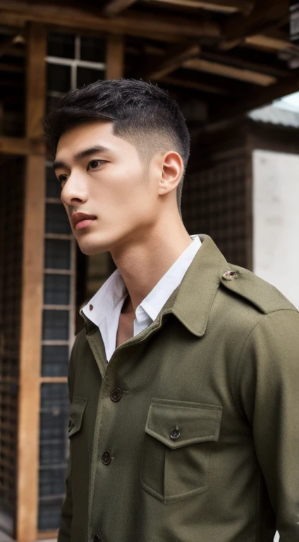 male couple, (Best quality at best),(Dark,feels), Young person, 20-year-old twink age men, Two guy,detailed black eyes, Japanese people of Italian descent men in uniform standing in front of building, in full military garb, in a soldier uniform, Inspired by Zhang Sengyao, Wearing navy uniform, Wearing imperial equipment, Inspired by Oka Yasuyu, ，Dark skin, ((Very relaxed and lazy look)),((Unintentionally exposing chest muscles)), Handsome male, Handsome chad chin, attractive, elegant, Sexy masculine, Attractive posing, attractive male,Lift little head， wearing an army coat,（closeup portrait), showing off his hairy pecs, (Show hairy chest muscles)，(Short beard), wear one without buttons, Wearing a long trench coat, Show hairy chest muscles), (Short beard), Charming and serious look，Disheveled clothing，Perfect body anatomy，Beautiful man face detail，perfect foot，perfect hand, Ultra-low angle shooting,