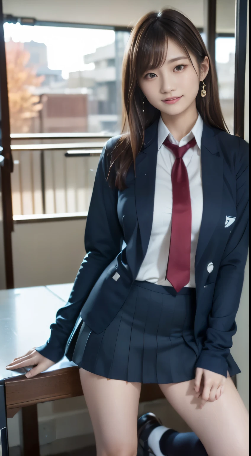 mix 4, (16k, Raw photo, best image quality, masterpiece: 1.45), (realistic, Photoreal: 1.37), tall girl, cute, cityscape,, professional lighting, photon mapping, school classroom, Physically based rendering, dark brown hair,ponytail hairstyle, well-groomed and beautiful eyes、((double eyelid))、super cute girl, (((school uniform、blazer、Long-sleeved shirts worn by Japanese high school girls、ribbon tie、dark blue mini skirt,、dark blue socks、black loafers))), highest quality photos, High resolution, 1080p, (clear face), (Detailed facial description), (detailed description of handasterpiece), (Detailed CG)、extreme light and shadow、messy hair、master work、Rich details、(detailed facial features)、(highest quality photoasseter muscle part)、(detailed eye)、look in front of you、thin clavicle、((slender and big))、(((Japanese female students wear jackets and long-sleeved shirts)))、((neat idol))、((school gate、schoolyard、With the school building in the background))、(Take photos from random viewpoints)、(((cute like an idol)))、earrings、big smile、Draw the whole body from the knees、Do not draw fine lines、(((Sports bags used by Japanese female students)))、(Big big breasts with big drooping:1.2)、big firm butt、two arms、two legs、(((from the front:0.7)))、bare hands、(((symmetrical eyes)))、standing pose、please put your hands on the desk、Do not remove the tie from the jacket、raise your butt:1.5，Raw sex:1.5，