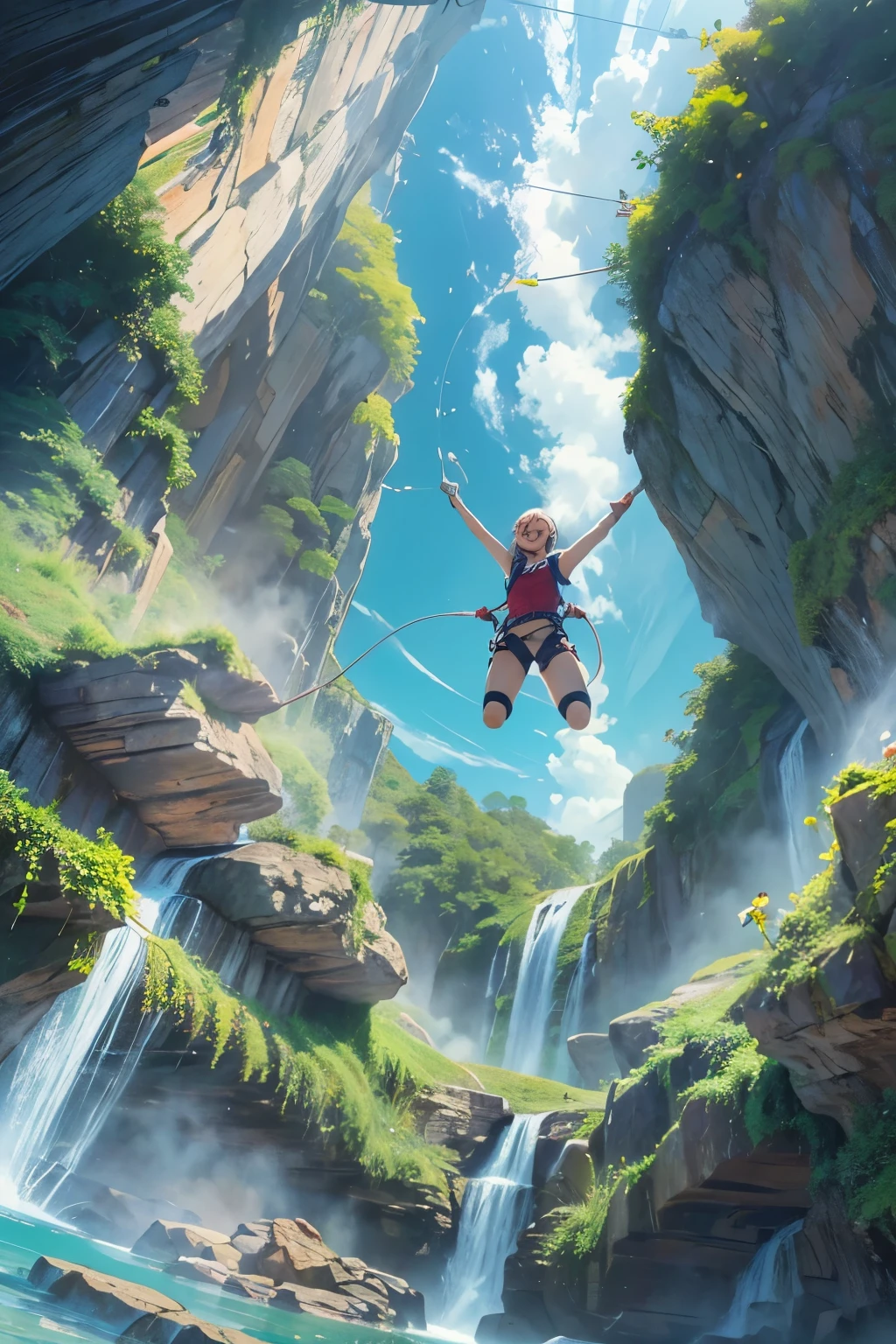 About to bungee jump into a waterfall、Screaming with a big mouth open、blue sky、arms outstretched、Surprised、joy