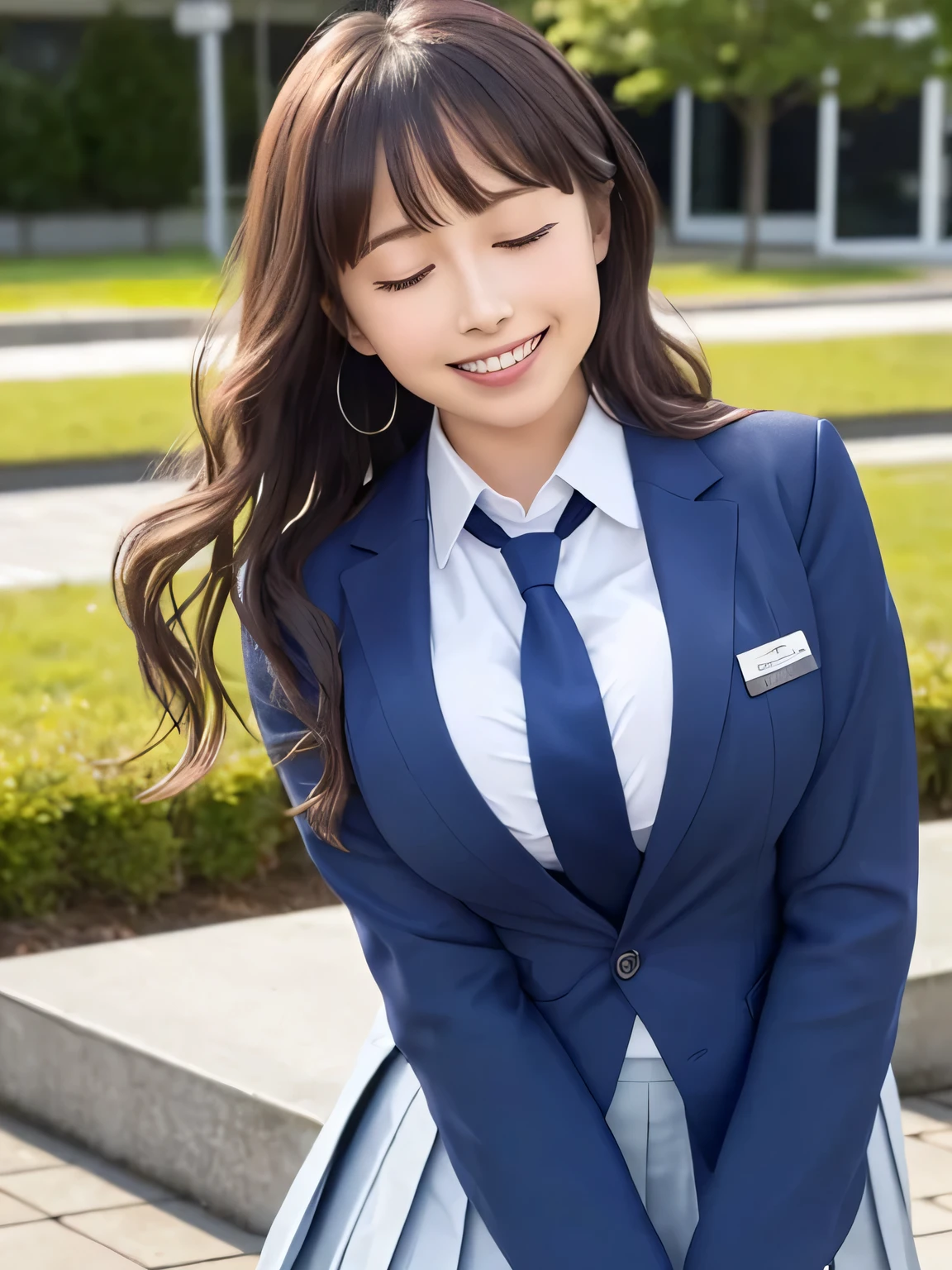 8k, highest quality, real image, intricate details, Super detailed, ultra high resolution, depth field,(realistic,realistic:1.2), from the middle, 1 Japanese girl, very beautiful 17 year old girl, Big eyes, beautiful breasts:1.5、highly detailed eyes:1.2), (beautiful breasts:1.1), (small breasts:1.5), wavy hair、curly hair、bangs, perfect skin, Fair skin, huge hips, thick thighs, thick legs, cleavage, tight waist, light blush, alone, looking at the viewer, (smile:1.4), ((School_uniform),(dark blue blazer), (white shirt、wear a tie), (gray pleated skirt), (sculpture installation :1.1), break (open mouth), (closed my eyes), (white teeth)