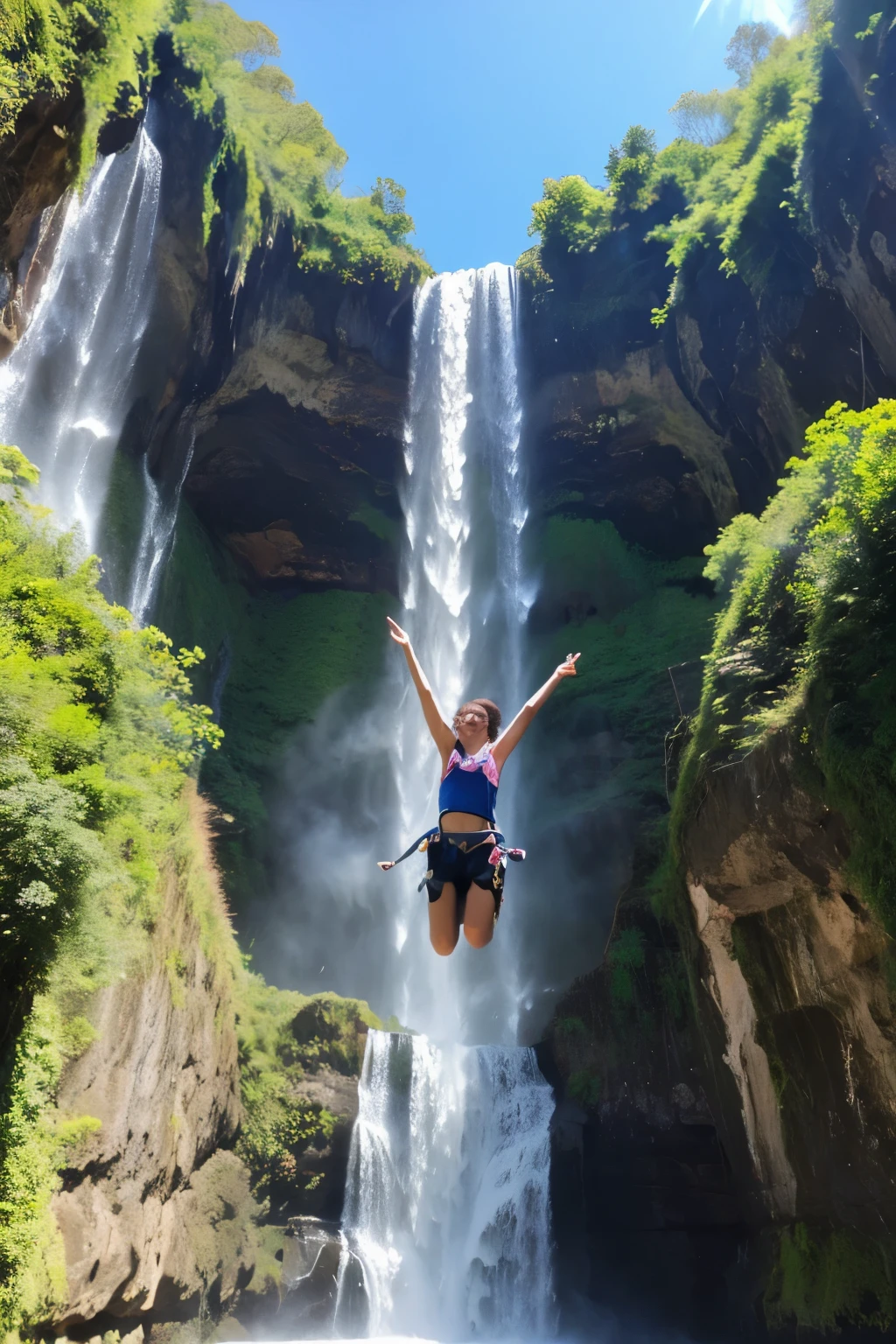 About to bungee jump into a waterfall、Screaming with a big mouth open、blue sky、arms outstretched、Surprised、joy