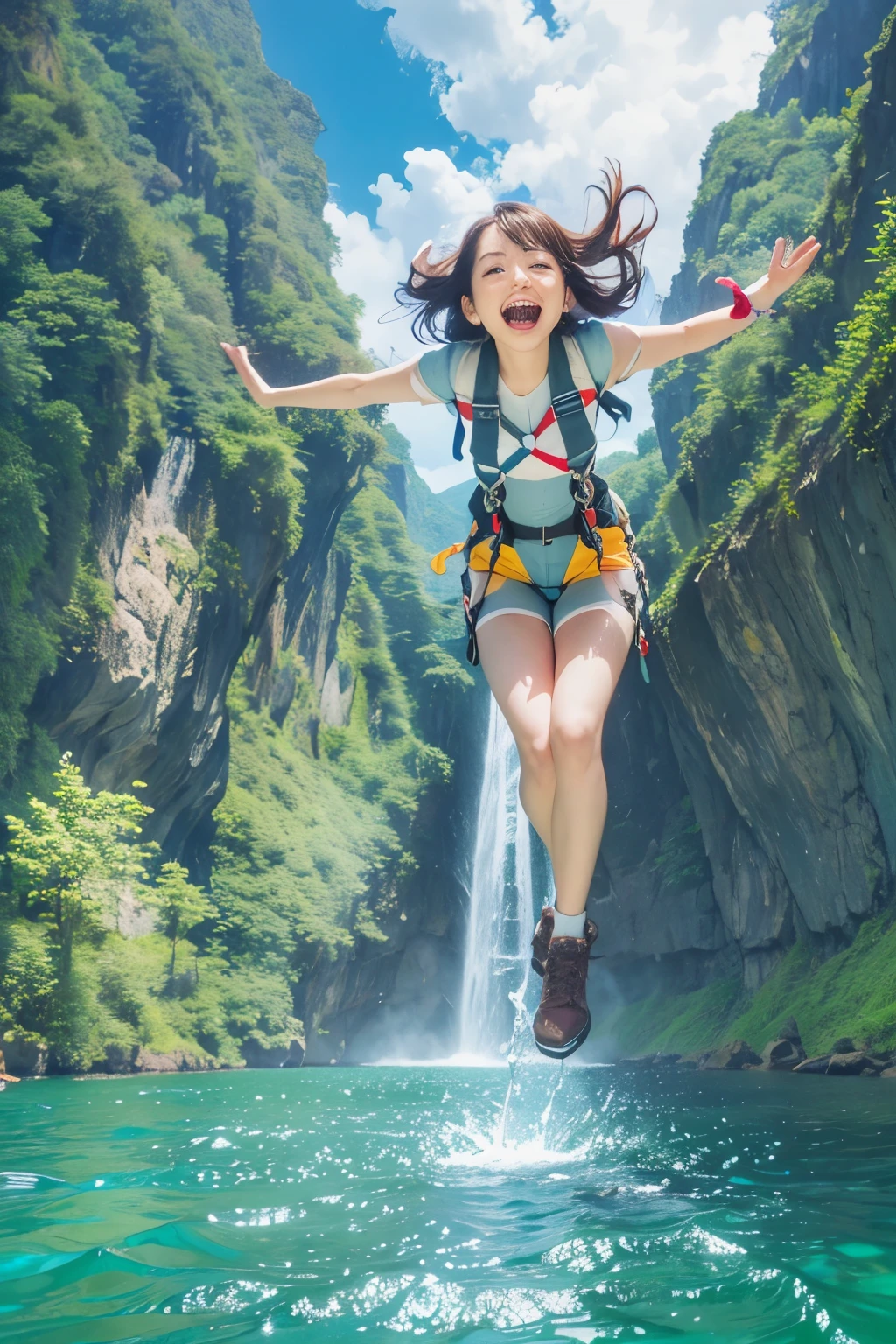 About to bungee jump into a waterfall、Screaming with a big mouth open、blue sky、arms outstretched、Surprised、joy