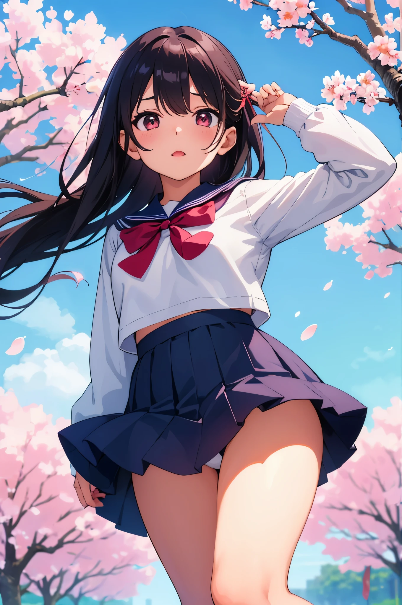 Rows of cherry blossom trees in the park Cherry blossom trees in full bloom elementary school girl 8-year-old flat chest black hair long hair eyes are purple ((1 person)) White upper body long sleeve sailor uniform Lower body navy blue miniskirt white panties white socks sports boots Lying on the grass under the cherry blossom tree Sakura petals are dancing look up Raise your knees and spread your legs a little apart((I can see white panties)) dynamic angle Low - Angle