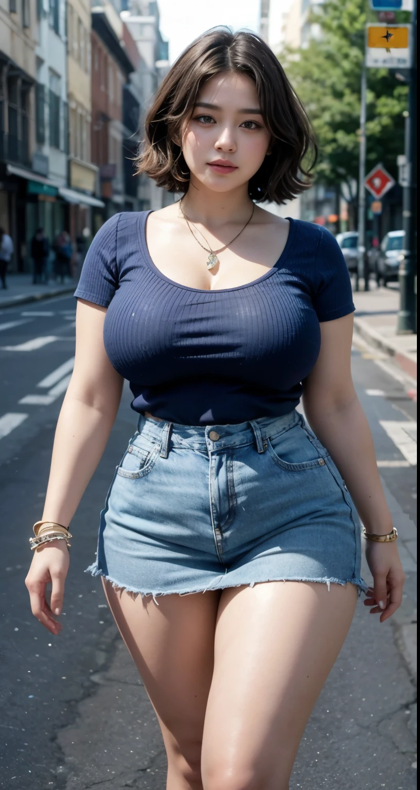 ((best quality)), ((masterpiece)), (detailed), perfect face, araffe woman in a long dark-blue shirt and blue denim skirt walking down a street, thicc,  wavy  short hair , she has a jiggly fat round belly, bbwchan, wearing tight simple clothes, skinny waist and thick hips, widest hips, her belly is fat and round, soft curvy shape, hyperrealistic full figure, wearing a cute top, wide hips, wearing 10 bracelet , wearing huge diamond necklace 