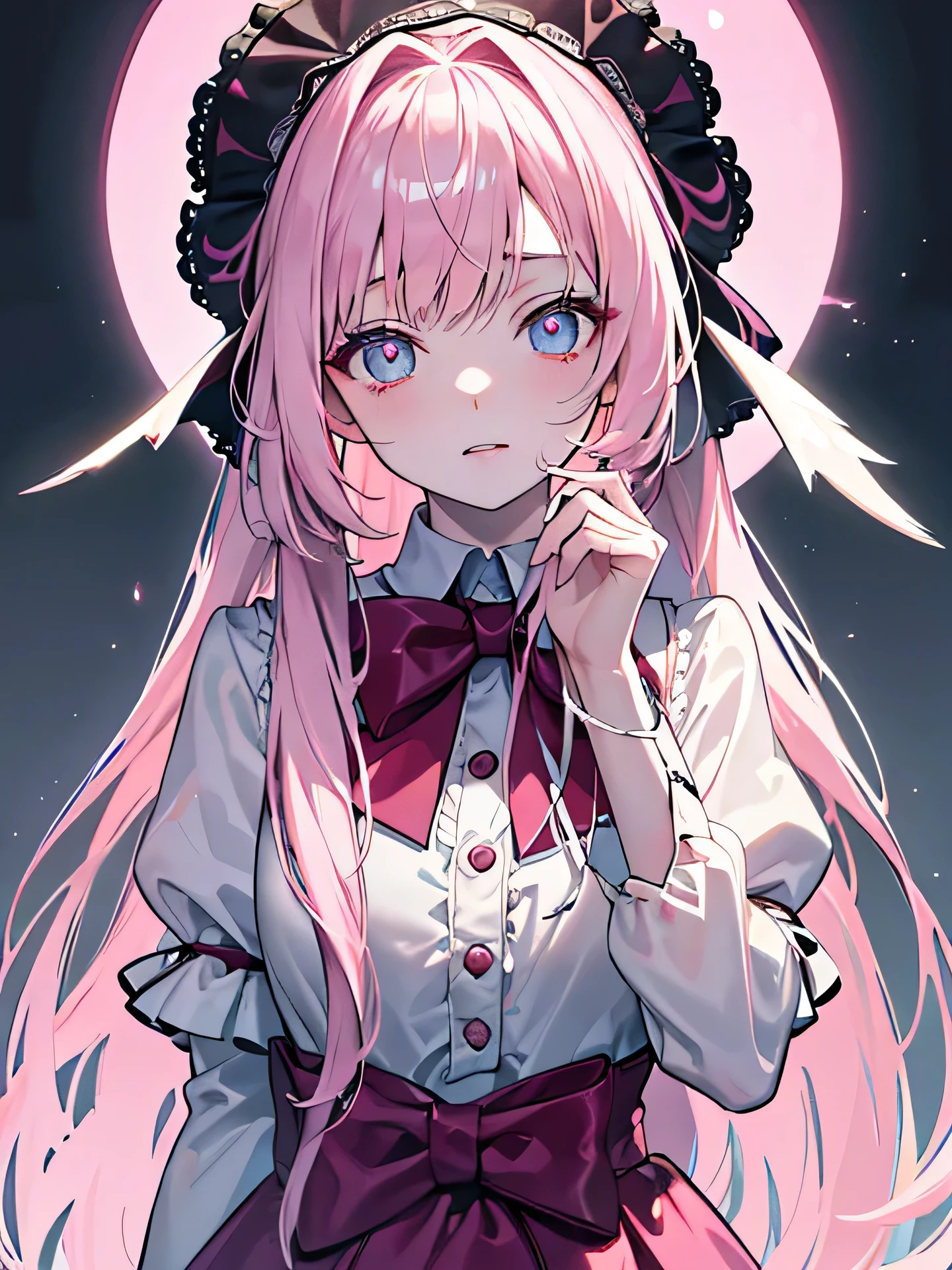 table top, best quality, (perfect face:1.1), (high detail:1.1), (very detailed eyes), dramatic, outstanding illustrations, very detailed, 1 girl, (pale skin), soft expression,pink Long Hair, heavenly eyes, (bright eyebrows), {((laugh))}, alone, long hair, twin tail, swollen lips,cinematic lighting, looking at viewer, cowboy shot, lolita clothes, wrinkle, Bow ribbon,head dress, pink, lean forward, Put your hand on your chin, tilt your face