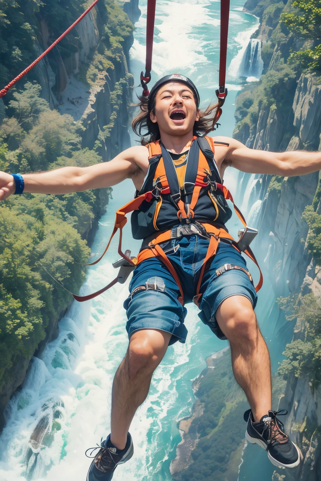 About to bungee jump into a waterfall、jumping from the sky、close up of face、He has rubber ropes attached to his legs for bungee jumping.、大joyで口を開けて叫んでいる、blue sky、arms outstretched、Surprised、joy、Spectacular view、adventure