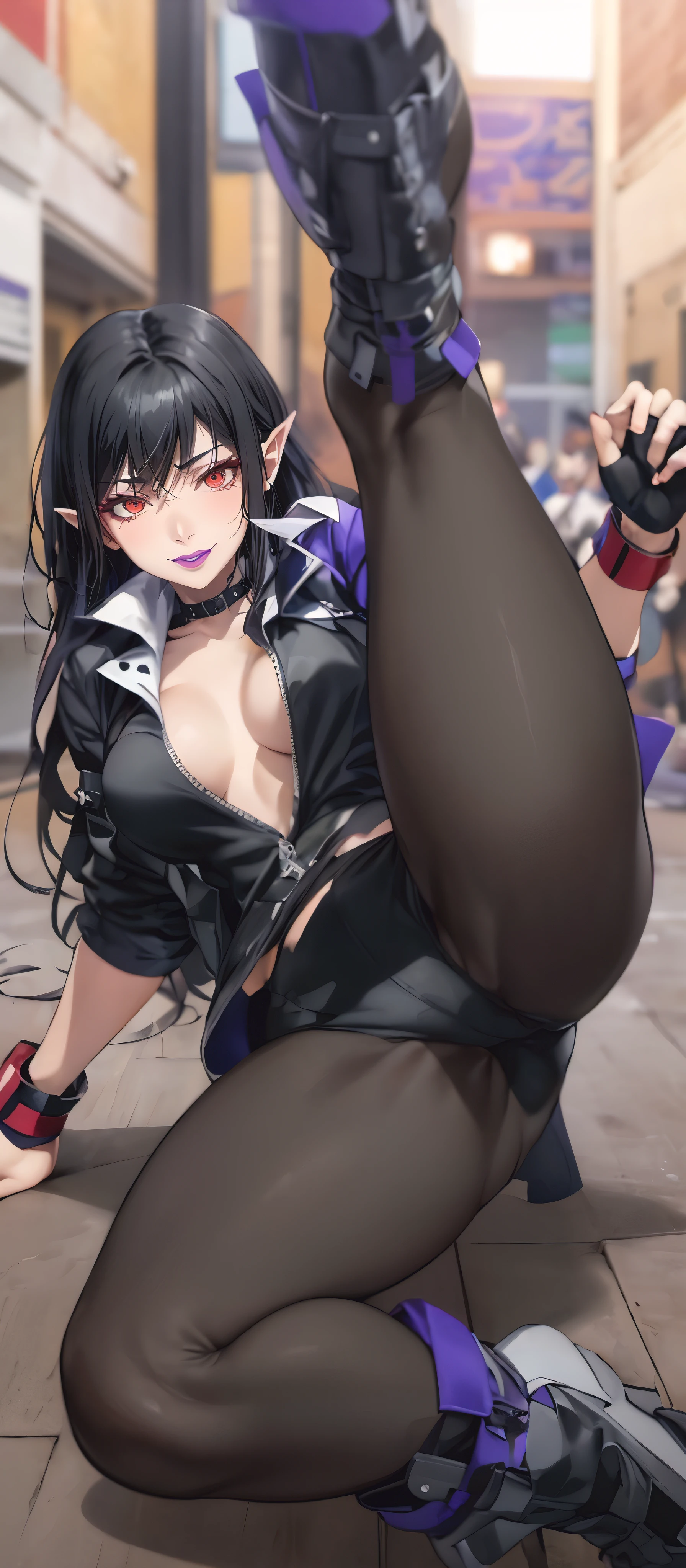 red eyes, pointy ears, long black hair, pink lipstick, makeup, pale skin, anime girl in a purple outfit is doing a kick on a wooden floor, character from king of fighters, juri misaki, misato katsuragi, as a character in tekken, dead or alive 6, hq artwork, fighting game character, juri han from street fighter, badass pose, inspired by Li Shida, hinata hyuga, kate bishop, hollow eyes, facing viewer, upper teeth, lips, red eyes, smirk, purple lips, 