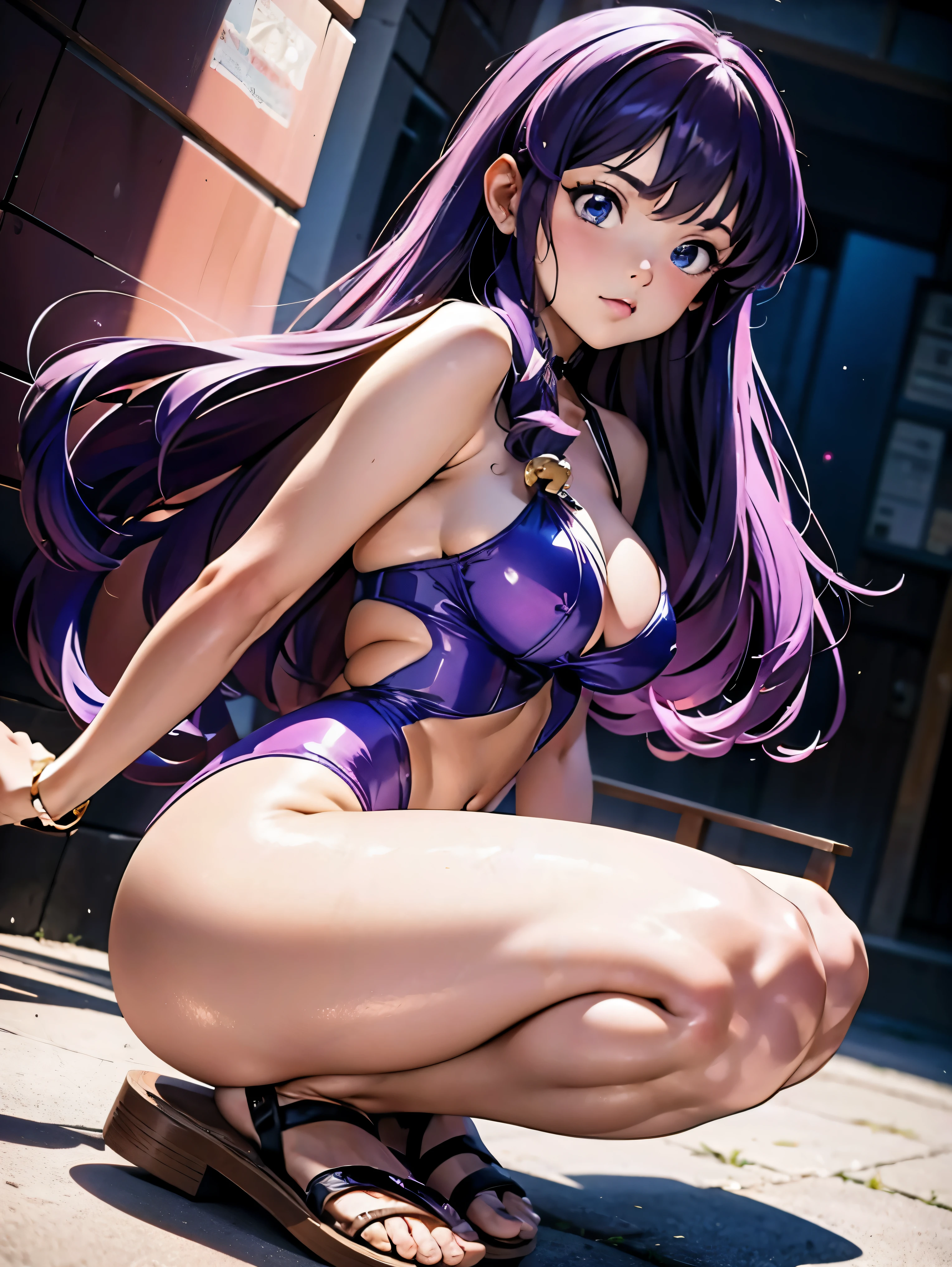 Garota Anime hentai cabelo purple, 16 anos, corpo bonito, seios grandes, with your hands in the vagina, Garota sexy, purple cabelo, mechas de cabelo laterais, mechas de cabelo na lateral do rosto, beautiful lighting, sombras suaves, olhos azuis, pernas bonitas, cabelo longo purple, estilo anime, personagem Shampoo Chan, Autora Rumiko Takahashi, Baseado em obra de Rumiko Takahashi, Anime Ranma 1/ 2, quadril robusto, corpo inteiro, corpo inteiro, busto grande, garota jovem com corpo belo e bonito, sandals on his feet, garota 16 anos jovem, garota anime hentai, estilo anime hentai, beautiful feet in sandals, front view angle, peito grande, seios bonitos, cabelo purple, sandals on the feet, pernas bonitas, sexy, lingua para fora, sexy expression, vagina pequena, gozando semen, leite na vagina