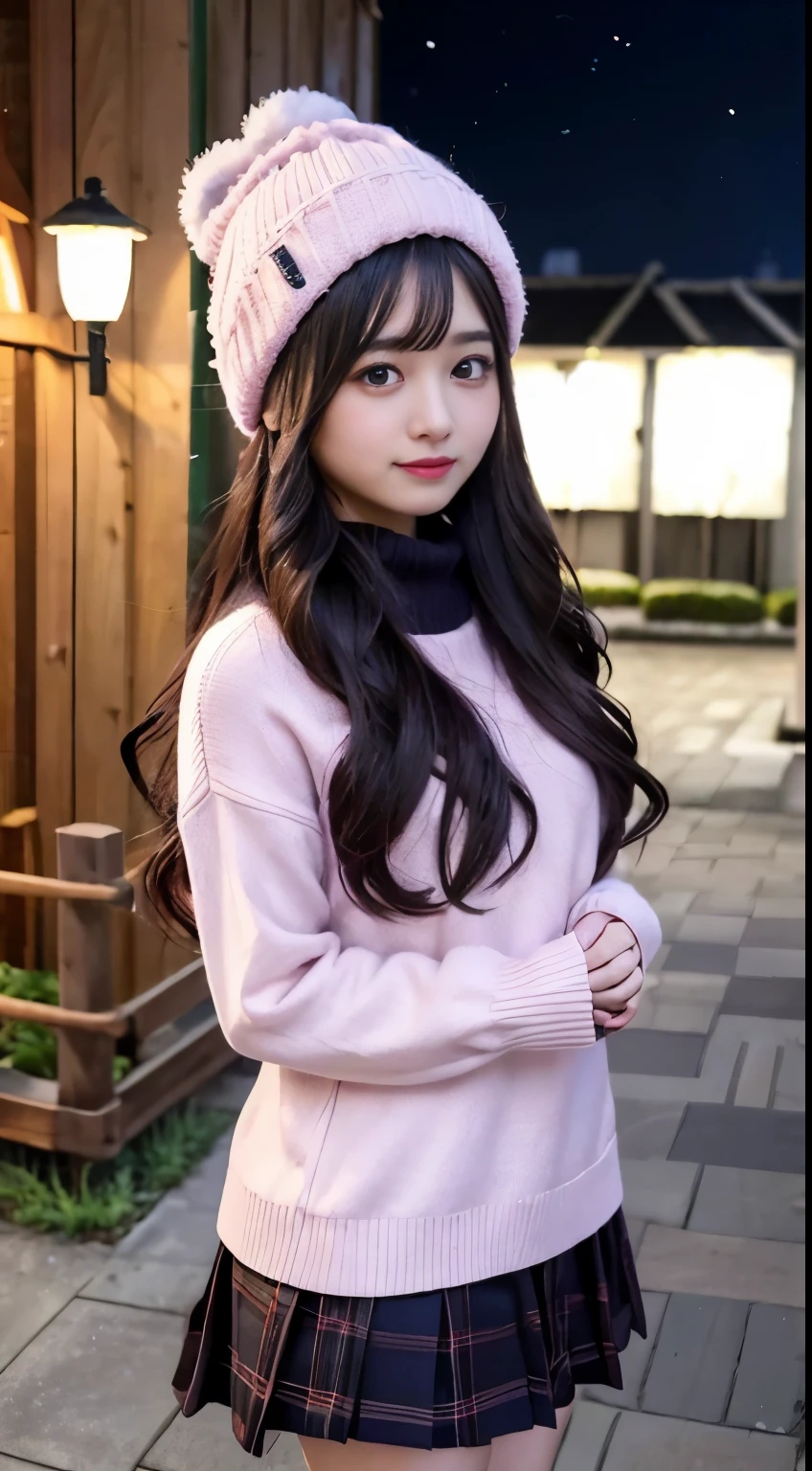 The beauty of winter spreads,outdoors,garden,Night sky ADDCOMM ADDCOL ADDCOL Blue moon ADDROW Snow ADDCOL It's snowing ADDCOL It's snowing ADDROW Pink primrose flower ADDCOL 1girl,long hair,black hair,flowing bangs:1.3,green eyes,mole under left eye:1.3,black eyes,medium breasts,pink heart hair accessories,Winter clothes,sweater,beanie hat,long sleeve,scarf,turtleneck,sleeves go over wrists,ribbed sweater
ADDCOL
ADDROW pink primula flowers
ADDCOL 1girl,pleated skirt ADDCOL
(masterpiece:1.2), (highest quality:1.2)