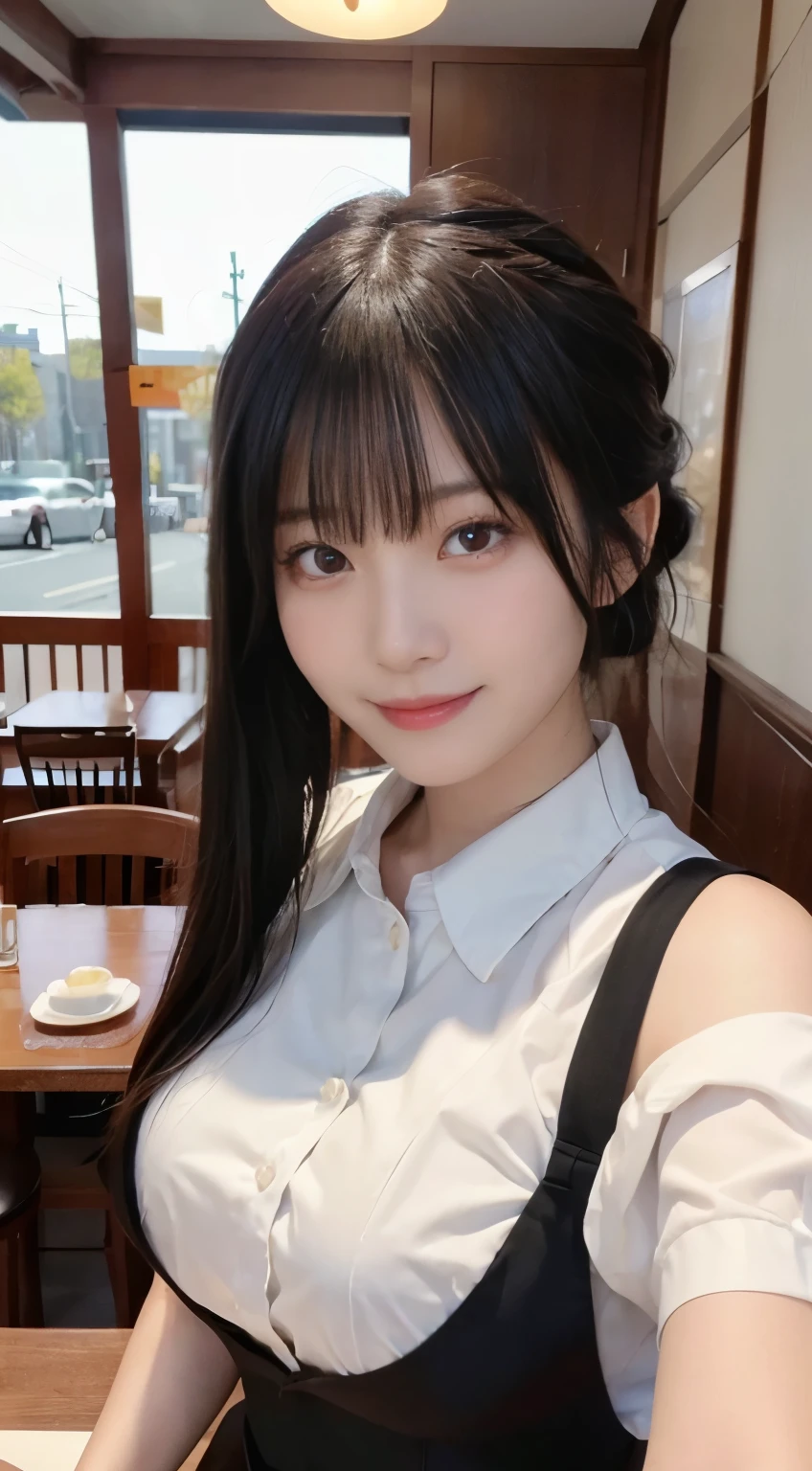 (highest quality,masterpiece:1.3,ultra high resolution,),(Super detailed,caustics),(Photoreal:1.4,RAW shooting,)ultra-realistic capture,very detailed,High resolution 16K human skin close-up。 natural skin texture、,The pores are、、、、Must be detailed enough to be easily identified。 Skin should look even-toned and healthy。 Use natural light and color,restaurant,waitress uniform,1 girl,Japanese,18-year-old,cute,black haired,ponytail,big breasts,smile,turn your body forward,(Front view:1.1),look at the camera,cowboy shot,