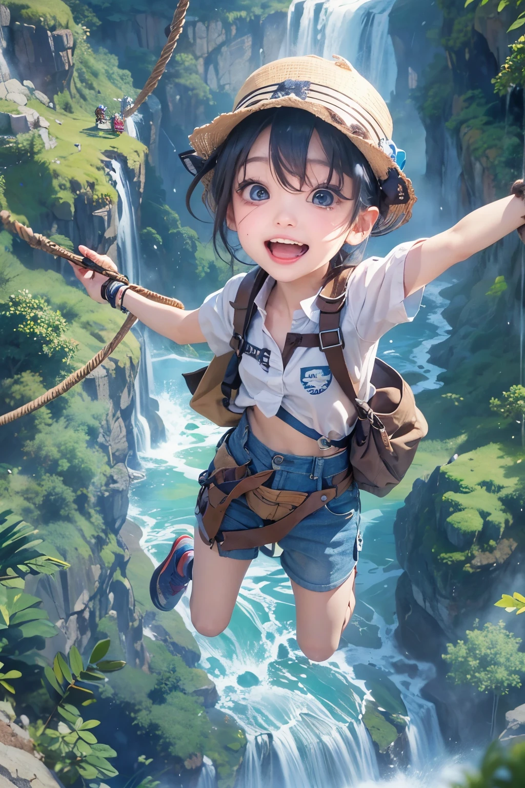 バンジージャンプでwaterfallつぼに向かって飛び込もうとしている、jumping from the sky、close up of face、He has rubber ropes attached to his legs for bungee jumping.、大joyで口を開けて叫んでいる、blue sky、arms outstretched、Surprised、joy、waterfall、Spectacular view、adventure