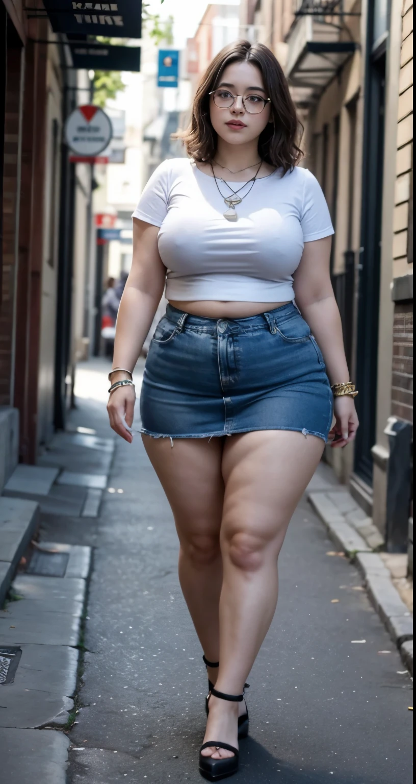 A woman in a white shirt and blue denim skirt walking down a street ...