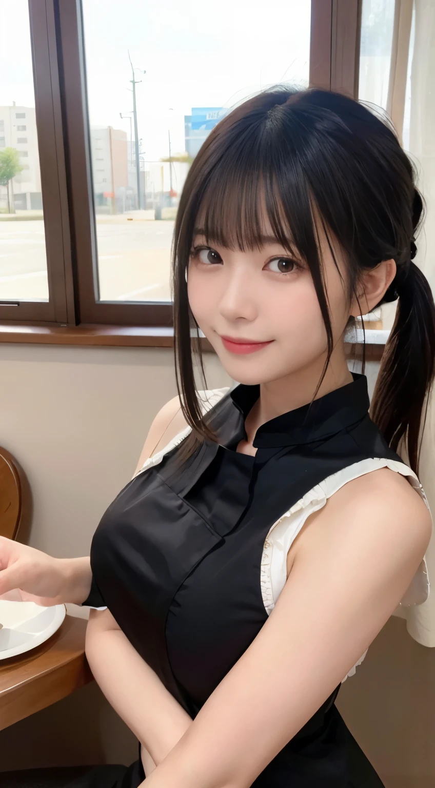 (highest quality,masterpiece:1.3,ultra high resolution,),(Super detailed,caustics),(Photoreal:1.4,RAW shooting,)ultra-realistic capture,very detailed,High resolution 16K human skin close-up。 natural skin texture、,The pores are、、、、Must be detailed enough to be easily identified。 Skin should look even-toned and healthy。 Use natural light and color,restaurant,waitress uniform,1 girl,Japanese,18-year-old,cute,black haired,ponytail,big breasts,smile,turn your body forward,(Front view:1.1),look at the camera,cowboy shot,