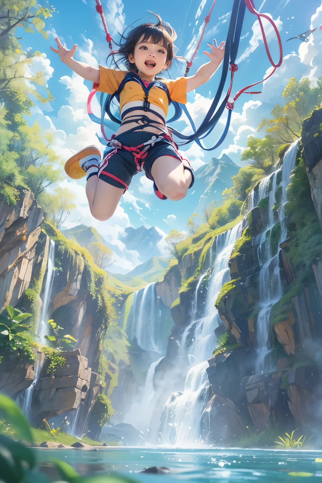 バンジージャンプでwaterfallつぼに向かって飛び込もうとしている、jumping from the sky、close up of face、He has rubber ropes attached to his legs for bungee jumping.、大joyで口を開けて叫んでいる、blue sky、arms outstretched、Surprised、joy、waterfall、Spectacular view、adventure