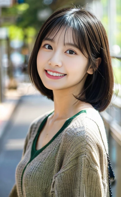 Portrait、8k、high quality、realistic photo images、24-years-old、japanese woman、neat wife、、housewife、Reproduces natural and realistic eyes、japanese stand、beautiful black hair、short hair、light makeup、octane rendering、beautiful lighting、composition of golden ratio、laughter、everyday wear、casual clothes、natural background、blurred background、High level image quality、Pure Japanese humanity、beautiful wife、Upper body、light makeup、No makeup、pure beauty、plain clothes、grey、beige、green、Plain color、casual clothes、slight smile、small black eyes、background bokeh