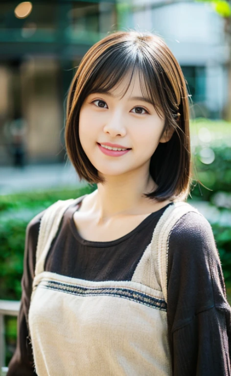 Portrait、8k、high quality、realistic photo images、24-years-old、japanese woman、neat wife、、housewife、Reproduces natural and realistic eyes、japanese stand、beautiful black hair、short hair、light makeup、octane rendering、beautiful lighting、composition of golden ratio、laughter、everyday wear、casual clothes、natural background、blurred background、High level image quality、Pure Japanese humanity、beautiful wife、Upper body、light makeup、No makeup、pure beauty、plain clothes、grey、beige、green、Plain color、casual clothes、slight smile、small black eyes、background bokeh