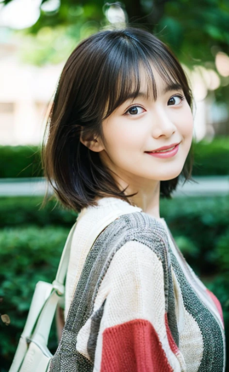 Portrait、8k、high quality、realistic photo images、24-years-old、japanese woman、neat wife、、housewife、Reproduces natural and realistic eyes、japanese stand、beautiful black hair、short hair、light makeup、octane rendering、beautiful lighting、composition of golden ratio、laughter、everyday wear、casual clothes、natural background、blurred background、High level image quality、Pure Japanese humanity、beautiful wife、Upper body、light makeup、No makeup、pure beauty、plain clothes、grey、beige、green、Plain color、casual clothes、slight smile、small black eyes、background bokeh