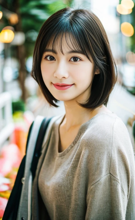 Portrait、8k、high quality、realistic photo images、24-years-old、japanese woman、neat wife、、housewife、Reproduces natural and realistic eyes、japanese stand、beautiful black hair、short hair、light makeup、octane rendering、beautiful lighting、composition of golden ratio、laughter、everyday wear、casual clothes、natural background、blurred background、High level image quality、Pure Japanese humanity、beautiful wife、Upper body、light makeup、No makeup、pure beauty、plain clothes、grey、beige、green、Plain color、casual clothes、slight smile、small black eyes、background bokeh