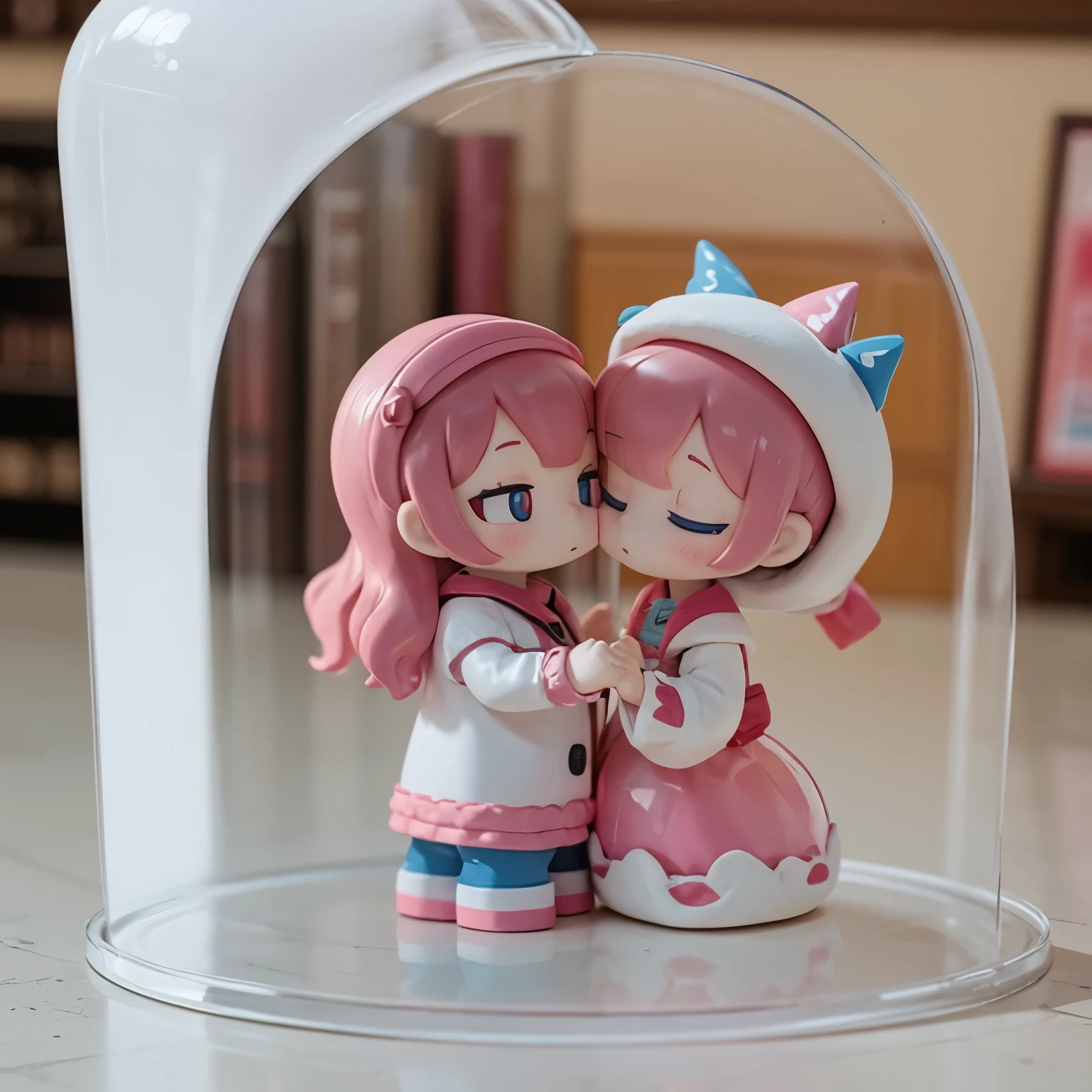 There is a kissing doll inside a dome-shaped transparent plastic case.