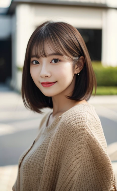 Portrait、8k、high quality、realistic photo images、24-years-old、japanese woman、neat wife、、housewife、Reproduces natural and realistic eyes、japanese stand、beautiful black hair、short hair、light makeup、octane rendering、beautiful lighting、composition of golden ratio、laughter、everyday wear、casual clothes、natural background、blurred background、High level image quality、Pure Japanese humanity、beautiful wife、Upper body、light makeup、No makeup、pure beauty、plain clothes、grey、beige、green、Plain color、casual clothes、slight smile、small black eyes、background bokeh