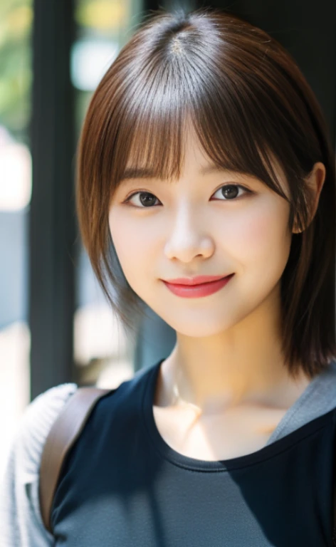 Portrait、8k、high quality、realistic photo images、24-years-old、japanese woman、neat wife、、housewife、Reproduces natural and realistic eyes、japanese stand、beautiful black hair、short hair、light makeup、octane rendering、beautiful lighting、composition of golden ratio、laughter、everyday wear、casual clothes、natural background、blurred background、High level image quality、Pure Japanese humanity、beautiful wife、Upper body、light makeup、No makeup、pure beauty、plain clothes、grey、beige、green、Plain color、casual clothes、slight smile、small black eyes、background bokeh