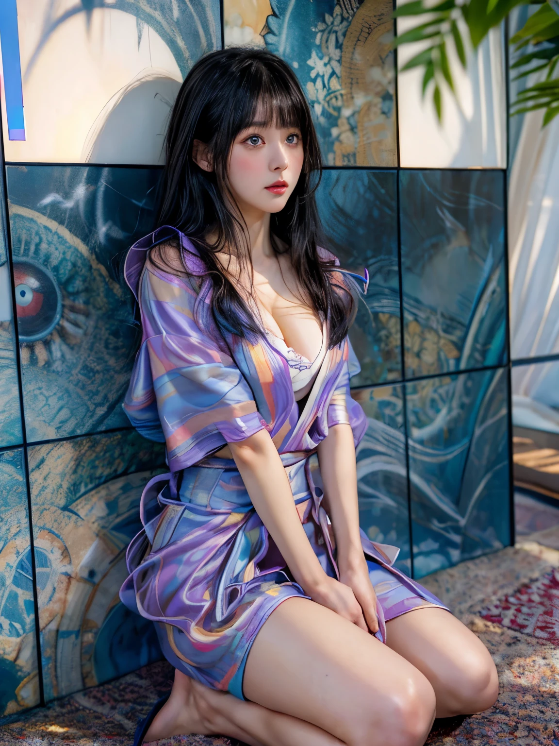 masterpiece、highest quality、cinema、(Details of both eyes)、(cute japanese woman、bangs:1.3)、23 years old、1 girl、elegant、black hair、(auraroid photo:1.2)、breast cleavage、(shy:1.9)、chocolate