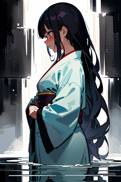 One woman, dressed in traditional (white Japanese attire:1.2), (fully clothed:1.2), stands under a towering waterfall during the stillness of the night. The water cascades down her back, catching the moonlight and creating a mesmerizing scene. Her long, dark hair is plastered to her back, and her face is aflame with blushing embarrassment. She closes her mouth tightly, trying to keep her gasps and moans contained. Her kimono, now saturated, clings to her curves, revealing her lithe figure. The cool water of the fall contrasts with the warmth emanating from her body, as she undergoes the ritual purification of misogi. 