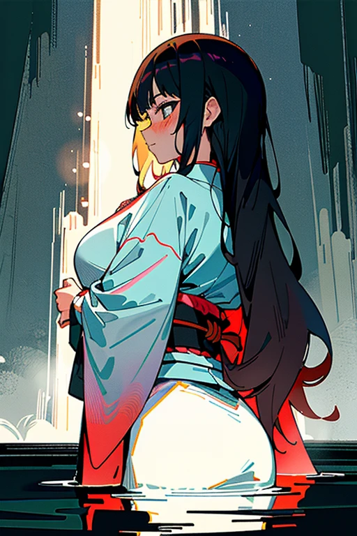 One woman, dressed in traditional (white Japanese attire:1.2), (fully clothed:1.2), stands under a towering waterfall during the stillness of the night. The water cascades down her back, catching the moonlight and creating a mesmerizing scene. Her long, dark hair is plastered to her back, and her face is aflame with blushing embarrassment. She closes her mouth tightly, trying to keep her gasps and moans contained. Her kimono, now saturated, clings to her curves, revealing her lithe figure. The cool water of the fall contrasts with the warmth emanating from her body, as she undergoes the ritual purification of misogi. 