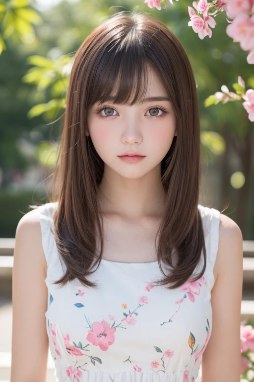 masterpiece, Best Quality, One girl, (a beauty girl, delicate girl:1.3), (15 years old:1.3), Very fine eye definition, (Symmetrical eyes:1.3), (lush park), (dress with white and pink floral pattern:1.3), small breasts, Brown eyes, Parted bangs, Brown hair, petit girl, (eyes and faces with detailed:1.0)