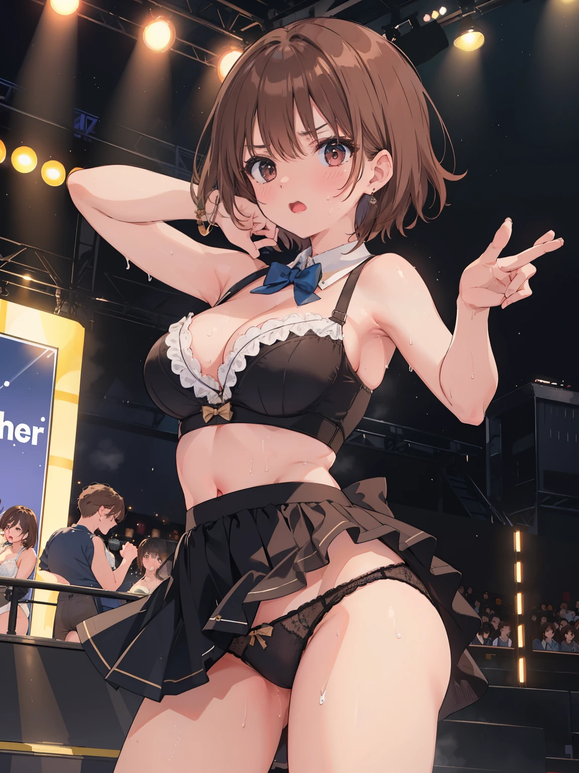  masterpiece, highest quality, ((1 girl、solo)), mature woman, (heavy body),  dancing、dance（first round、Beige bra、panties), brown hair, Sweat、vapor、short hair, old, black eye , anger, ((close,)) ,, angry look, ((flushed)),, dynamic posing、idol stage