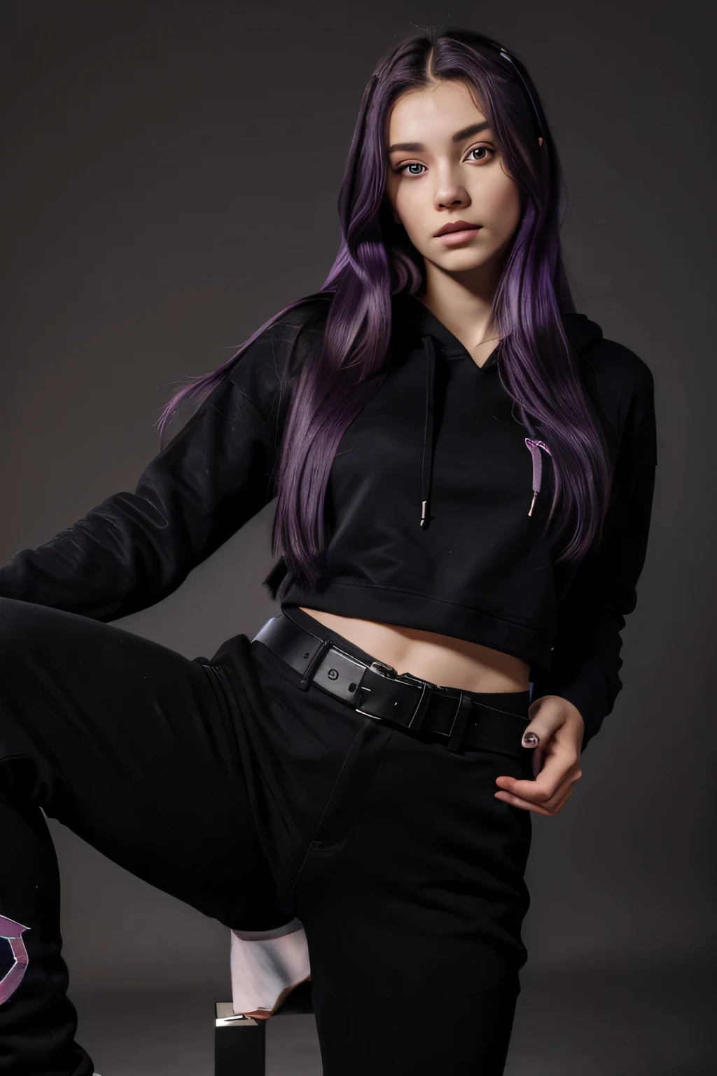 ((best quality)), ((masterpiece)), (detailed),18 years old girl,perfect face,purple hair,purple with star eye,long hair,pure long black hoodie,black pant,black belt,grey background,straight stand pose