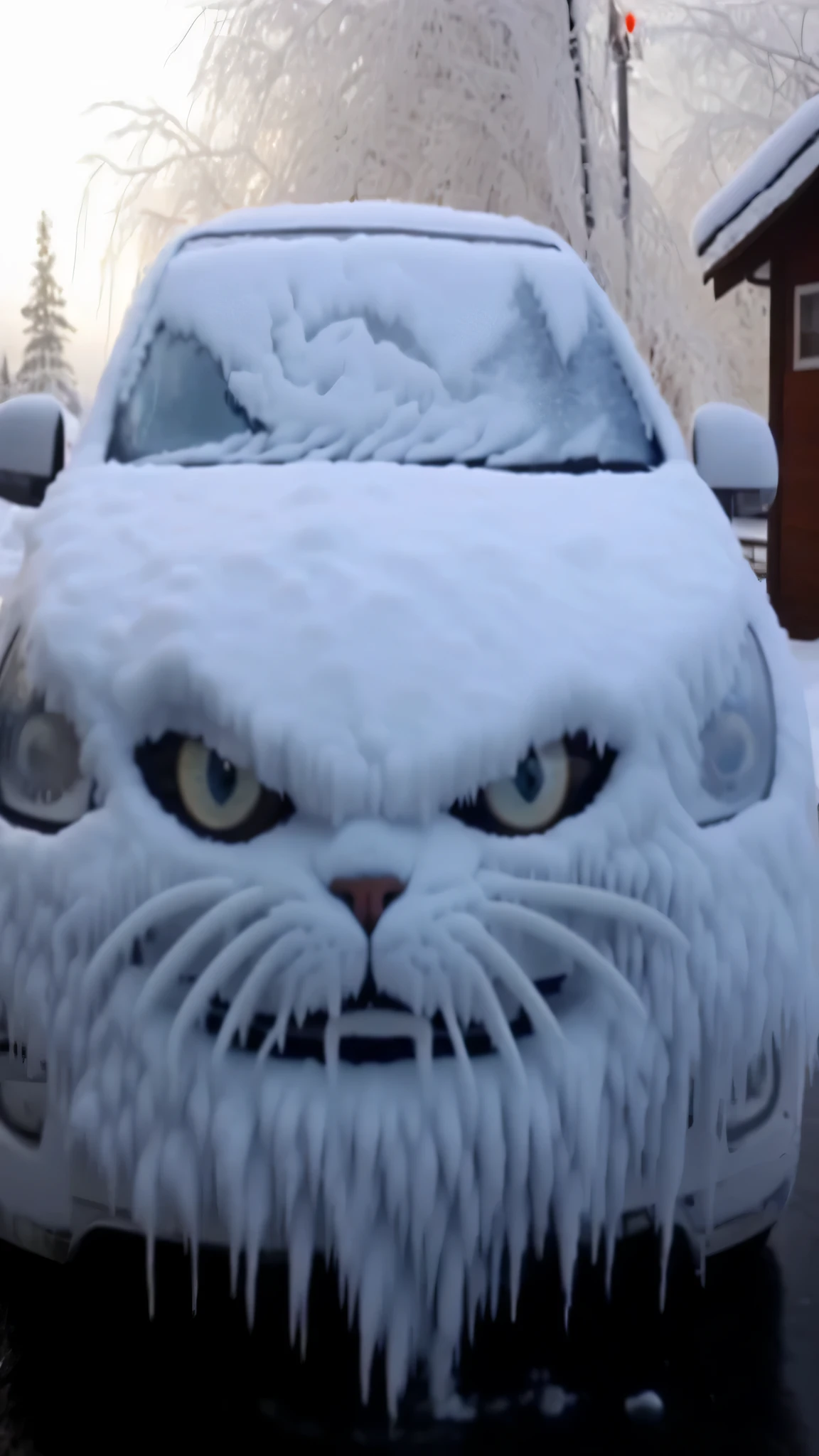 arafed car covered in ice with a cat face on the front, eyes cold, Sharp and terrifyingly cold, covered in ice, cold white eyes, icy look in the eye, angry cat, Demon cat, threaten!, looks fierce, threaten!!!, extremely cold, frown, threaten look, GPU runningBrrr, Everything is made of ice, freezing