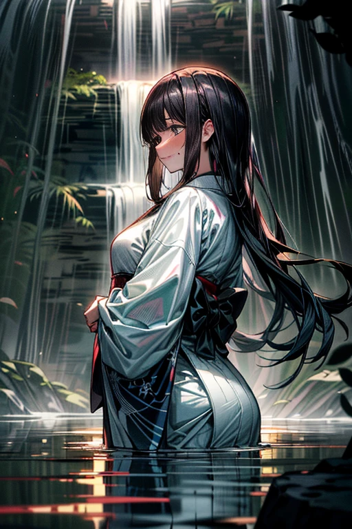 One woman, dressed in traditional Japanese white attire, stands under a towering waterfall during the stillness of the night. The water cascades down her back, catching the moonlight and creating a mesmerizing scene. Her long, dark hair is plastered to her back, and her face is aflame with blushing embarrassment. She closes her mouth tightly, trying to keep her gasps and moans contained. Her kimono, now saturated, clings to her curves, revealing her lithe figure. The cool water of the fall contrasts with the warmth emanating from her body, as she undergoes the ritual purification of misogi.