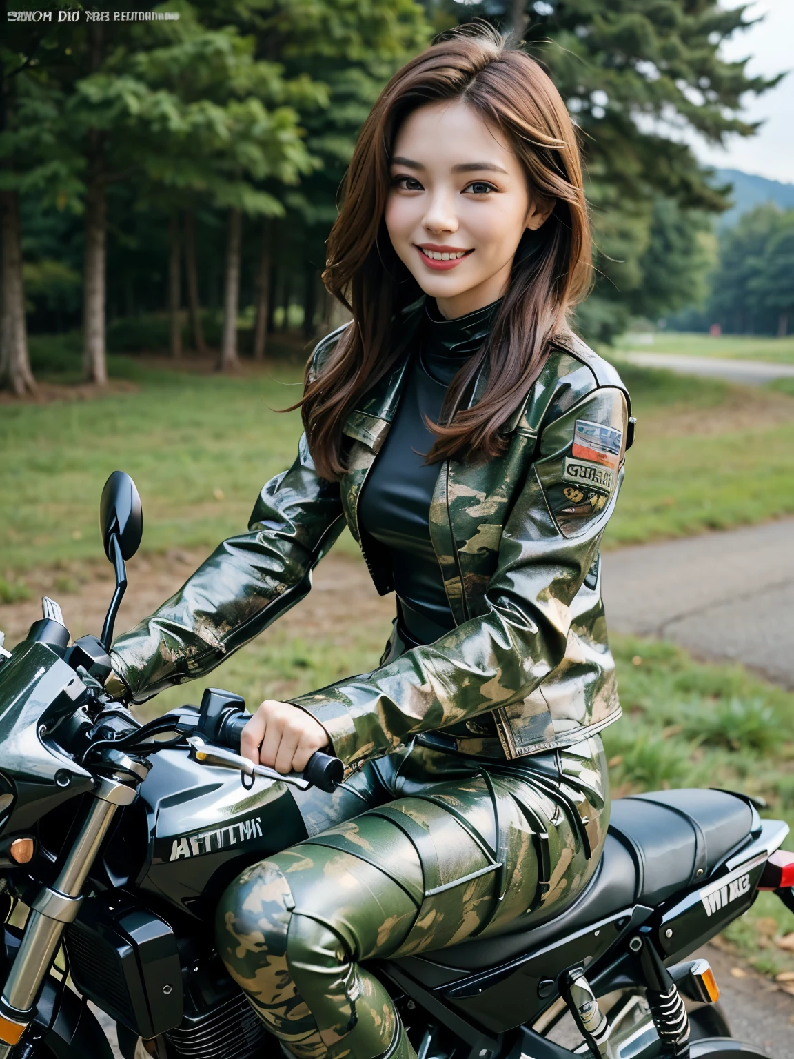 ((best quality)), ((masterpiece)), ((perfect face))、（(detailed motorcycle)）、Detailed and clear photos、((riding a motorcycle))、slender body、long legs、full body shot、smile、((Camouflage pattern long sleeve riding jacket and leather pants))