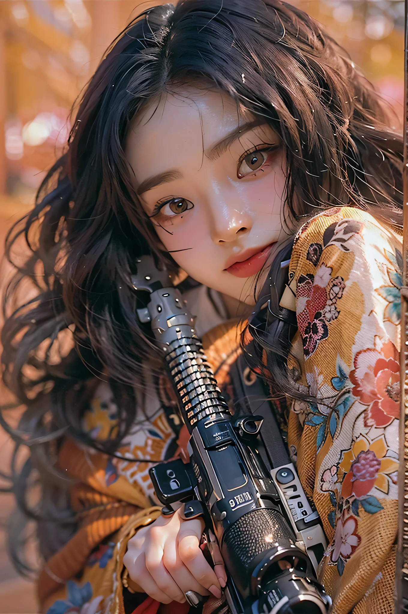 (highest image quality), (masterpiece), (vibrant, photography realistic, Realistic, Dramatic, Dark, Sharp focus, 8K), Close up Face, Highly detailed face and skin texture, sexy pink kimono, ethereal beauty, mature asian woman,black long hair, make up, sexy smile, nsfw ,Close up shot, ((backlight)), holding the gun, secret agent, dinamic pose, realistic, shooting pose