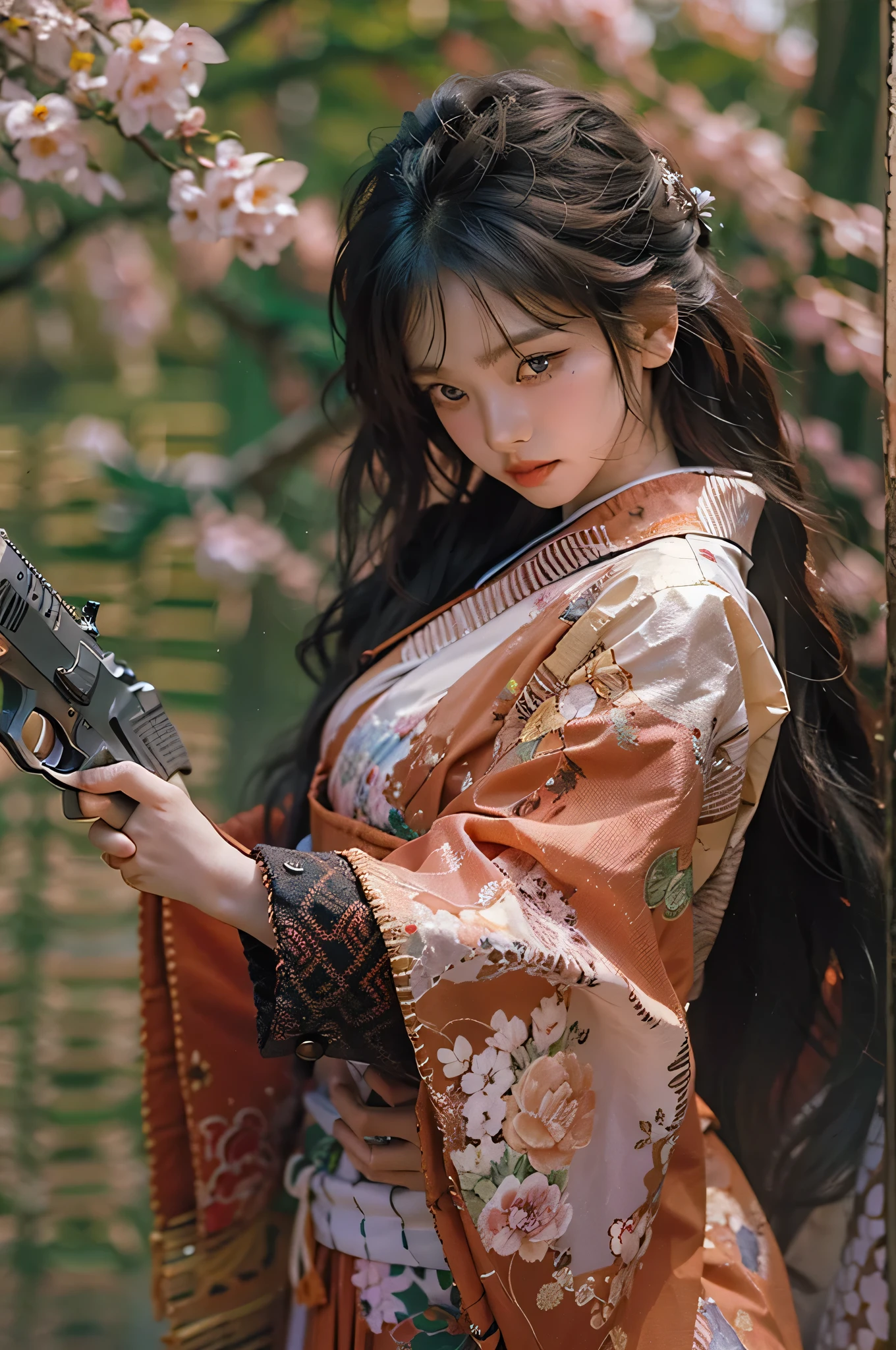 (highest image quality), (masterpiece), (vibrant, photography realistic, Realistic, Dramatic, Dark, Sharp focus, 8K), Close up Face, Highly detailed face and skin texture, sexy pink kimono, ethereal beauty, mature asian woman,black long hair, make up, sexy smile, nsfw ,Close up shot, ((backlight)), holding the gun, secret agent, dinamic pose, realistic, shooting pose