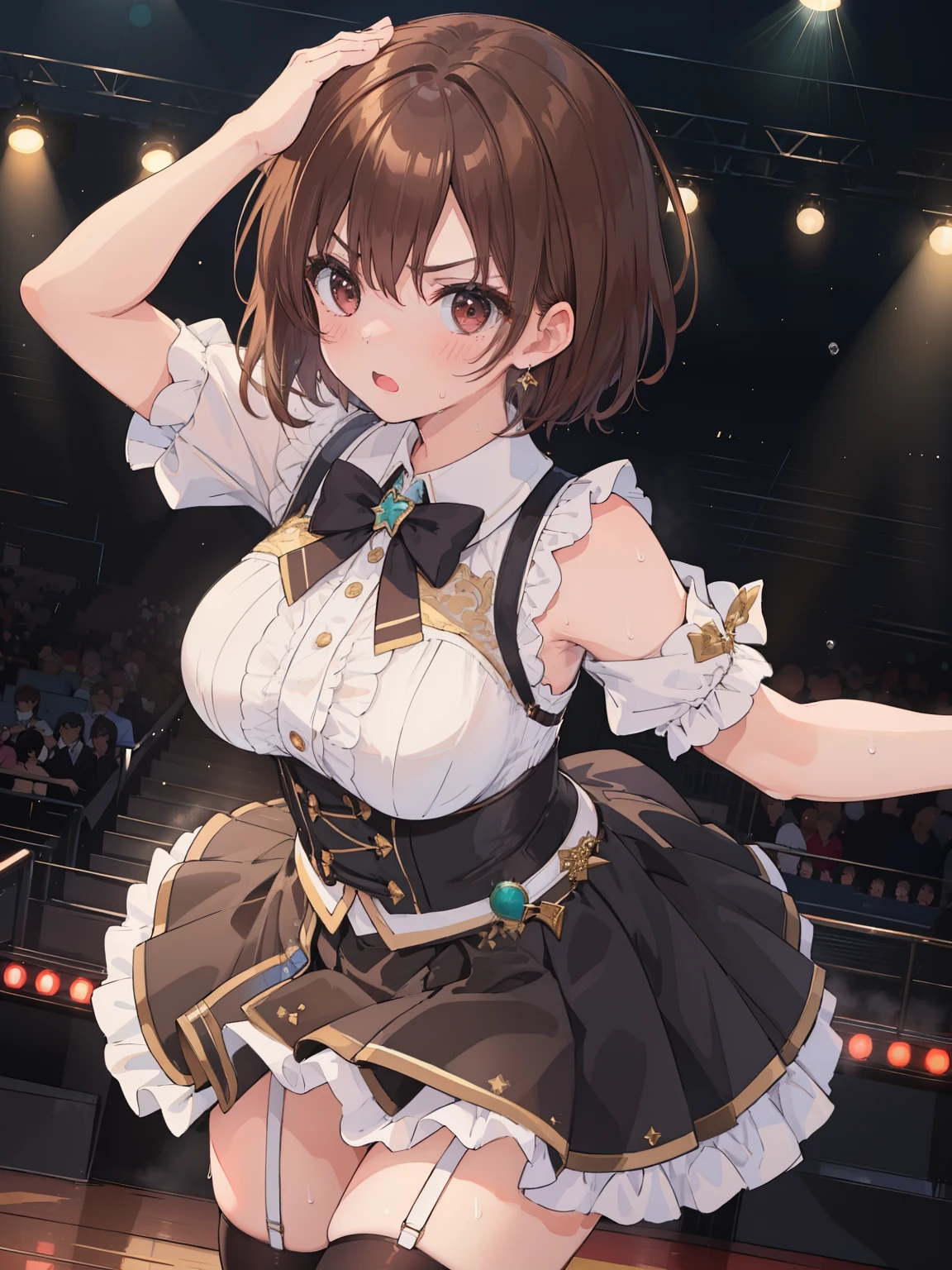 ((masterpiece, highest quality, 1 girl)), 15 years old, (), dancing、dance(first round、Enamel underwear、shiny、stockings), brown hair, Sweat、vapor、short hair, old, black eye , ((close,)) ,, ((embarrassing:1.5、flushed)),, dynamic posing、idol stage