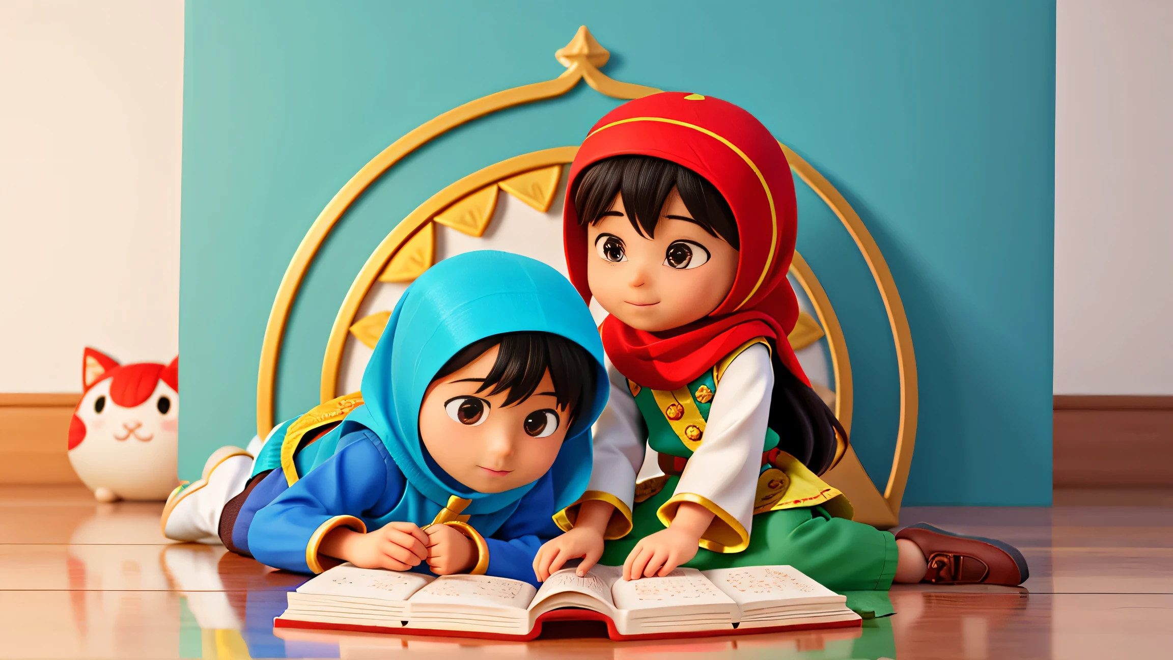 Muslim story book illustration featuring children engrossed in a vibrant vector illustration, all wearing traditional Islamic attire. The kids, with rosy cheeks and round eyes, show delight on their well-formed faces as they turn the pages of the good pictures book in a cozy mosque scene. The artist's skilled hands bring the characters to life with intricate details and beautiful colors, creating a heartfelt connection between the story and its young readers.