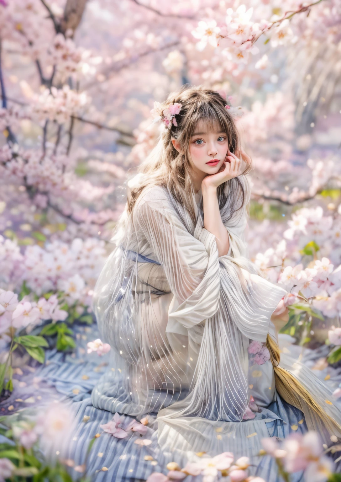 masterpiece、highest quality、cinema、(Details of both eyes)、(cute japanese woman、bangs:1.3)、23 years old、1 girl、elegant、black hair、cyber punk、van gogh style、(auraroid photo:1.4)、(cherry blossoms:1.4)、squat