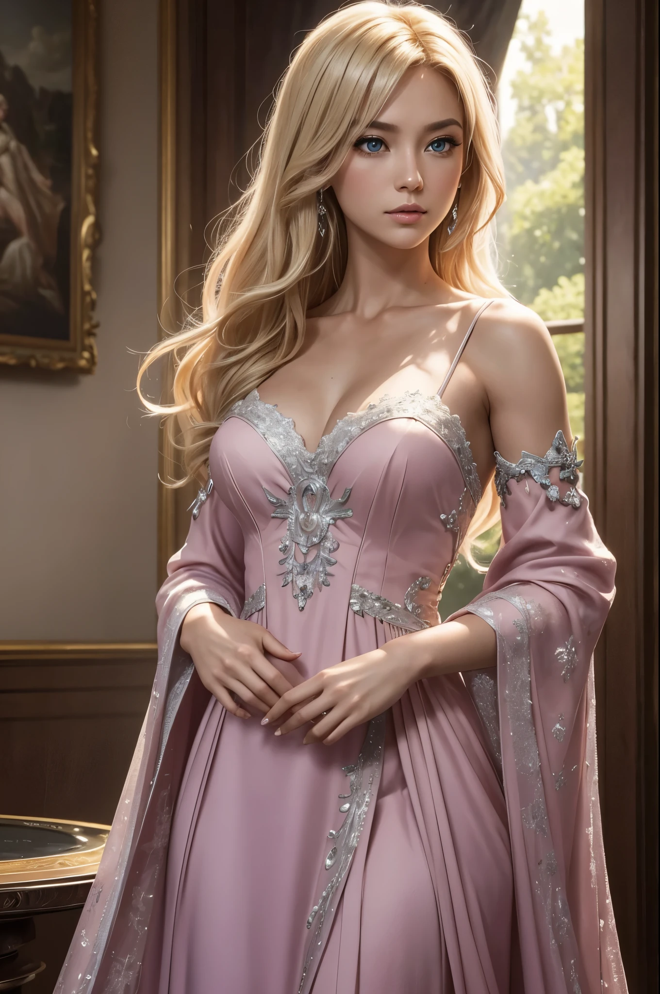 8K,Adult woman with blonde shaggy hair,Super beautiful(like the real thing), Severe, elegant, pink dress, bewitching aristocrat, silver elements, long nails, bare shoulders, hairstyle, beautiful expression,blue eyes, Messy, I am proud, absurd, fine dress, royalty, celebration, hall decorated with flowers, cowboy shot, portrait, (highest quality), (table top), (very detailed), masterpiece,highest qualityのフォトリアリスティックなRAW写真。Backlight, cinematic lighting, film grain, to be born, 50mm lens, Nikon D850,super realistic skin,fantasy art,character art,ultra high resolution,Macho with a muscular slender body,perfect hands,Makeup,