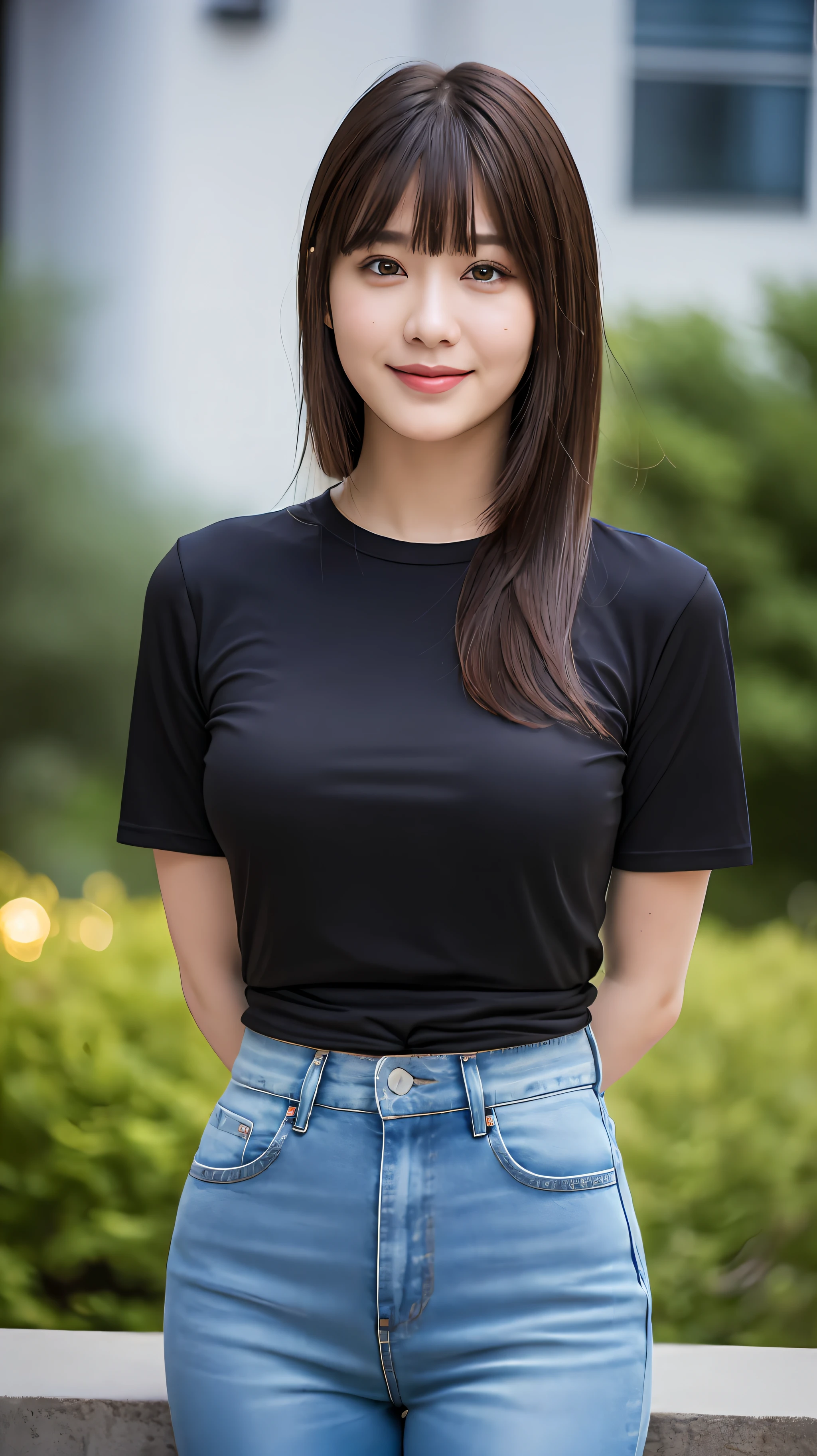 masterpiece, highest quality, High resolution, 超High resolution,genuine, photogenuineistic,1 girl,evening,cinematic lighting,looking at the viewer,outdoors,Upper body,smile,turn your arms behind your back,T-shirt,jeans,city,normal body shape,round face,bangs,medium hair,Details,detailed lip,medium breasts,medium waist
