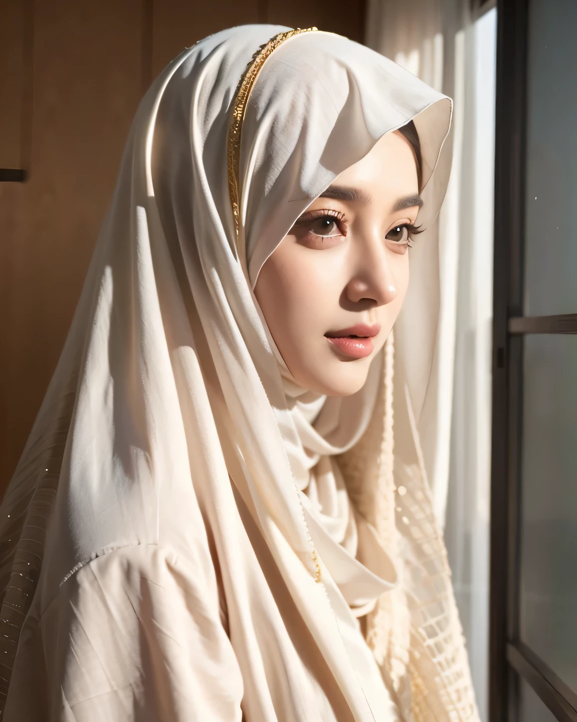 there is a arabic woman wearing a hijab smile looking out a window, hijab, veiled, white hijab, veiled face, beautiful delicate face, very beautiful girl, lovely delicate face, pale-skinned persian girl, beautiful, beautiful arab woman, high quality portrait, portait photo profile picture, traditional beauty, very extremely beautiful, muslim, beautifully, beautiful girl, beautiful image