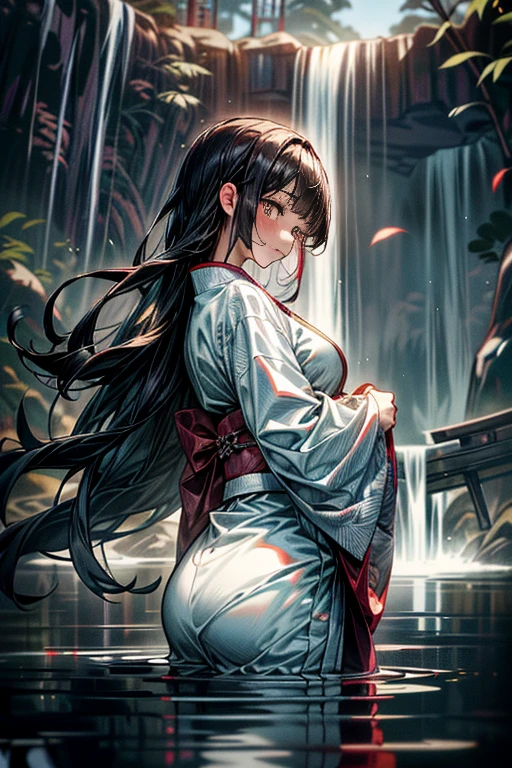 One woman, dressed in traditional (white Japanese attire:1.2), (fully clothed:1.2), stands under a towering waterfall during the stillness of the night. The water cascades down her back, catching the moonlight and creating a mesmerizing scene. Her long, dark hair is plastered to her back, and her face is aflame with blushing embarrassment. She closes her mouth tightly, trying to keep her gasps and moans contained. Her kimono, now saturated, clings to her curves, revealing her lithe figure. The cool water of the fall contrasts with the warmth emanating from her body, as she undergoes the ritual purification of misogi. 